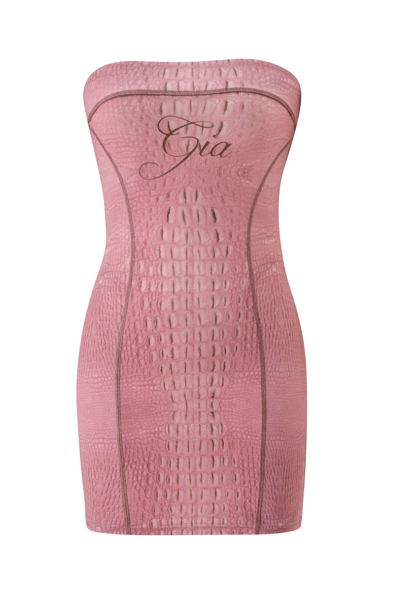 The BLARE TUBE MINI DRESS - HOT CROC PINK by I.AM.GIA is a strapless, fitted mini dress in vibrant hot pink with a striking crocodile skin texture and the elegant “Gia” script across the chest.