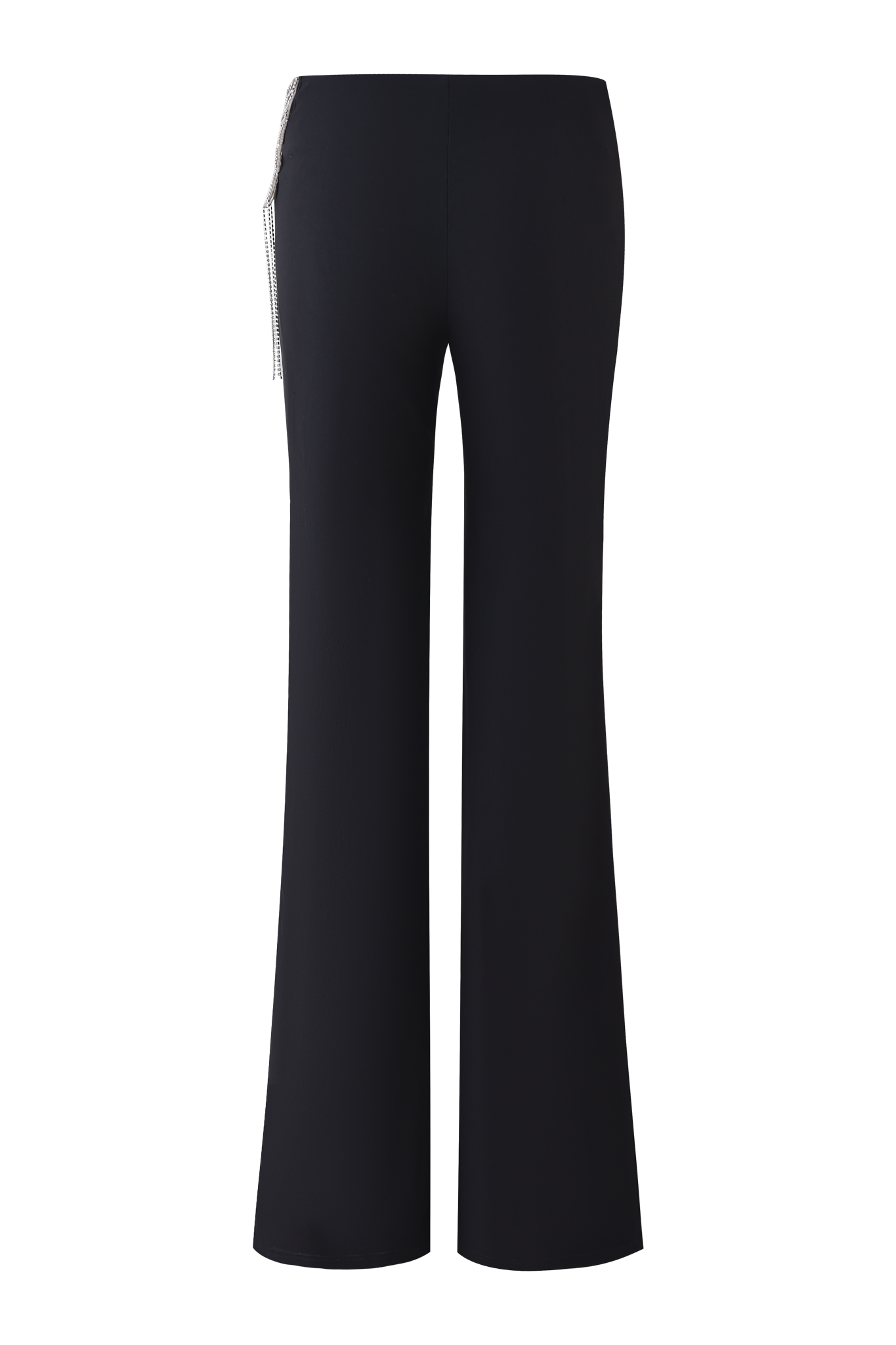 The SORREL PANT - BLACK by I.AM.GIA features a high-waisted, wide-leg silhouette with a fitted waist, left side zipper, and eye-catching crystallised butterfly applique with dangling crystal chains on the back.