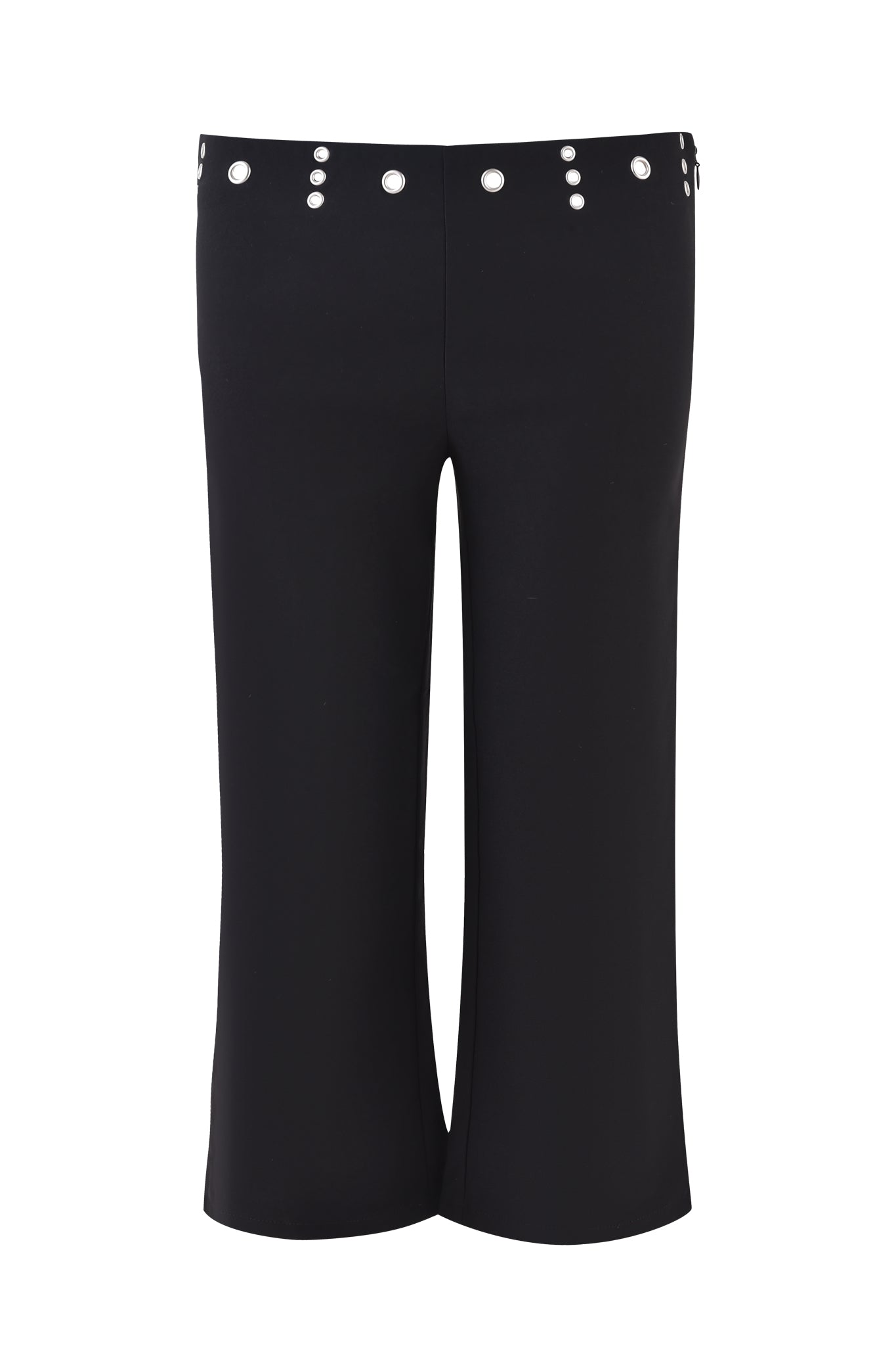 The SHARAH CAPRI - BLACK by I.AM.GIA features a minimalist design with wide legs, a low rise, and silver rivets on the waistband. Displayed against a white background, these sleek pants have no visible pockets or patterns for a modern look.