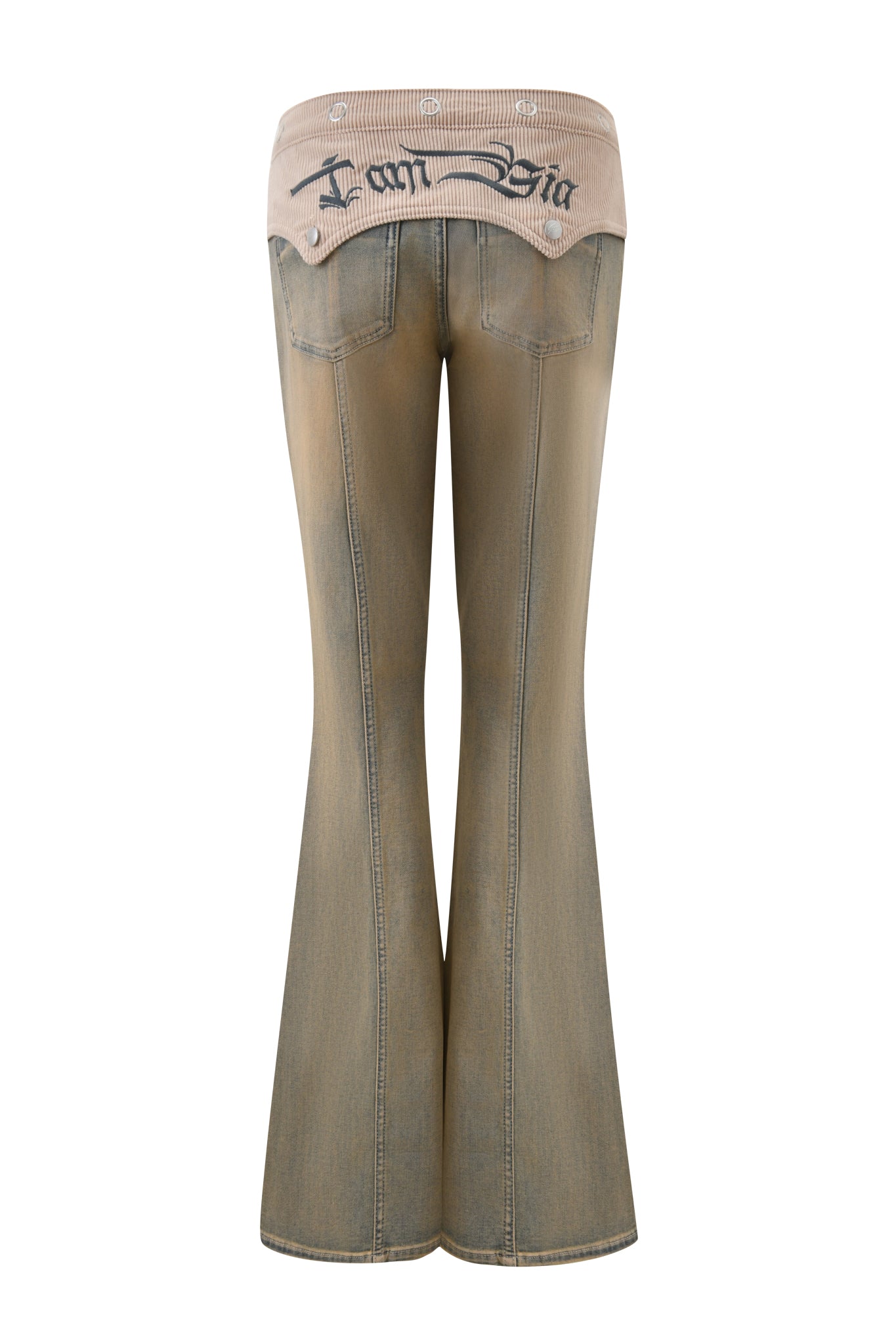 Back view of I.AM.GIA's TOMMIE JEAN - ANTIQUE DENIM, featuring a light brown waistband, mid-rise waist, and "Fornia" embroidery on the back yoke.