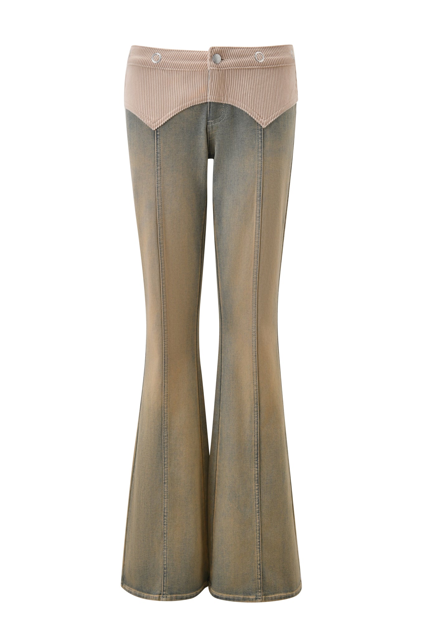 The I.AM.GIA TOMMIE JEAN - ANTIQUE DENIM features a light brown waistband and upper section, faded blue flared legs, a unique yoke, two front buttons, and a flattering mid rise waist.