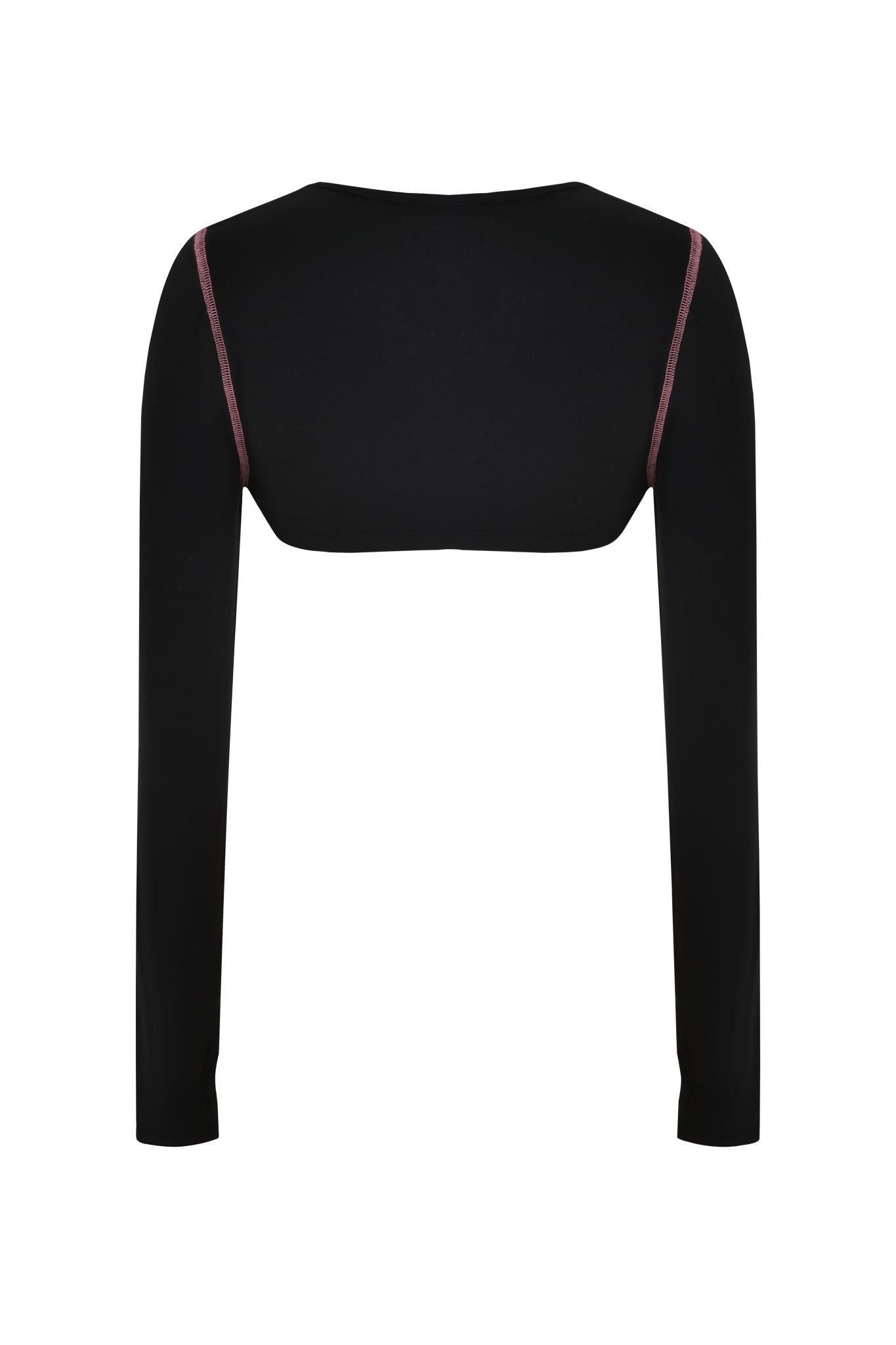 A back view of the BLARE SHRUG - BLACK by I.AM.GIA, made from super soft stretch bamboo with pink contrast stitching on the shoulder seams, isolated on white background.