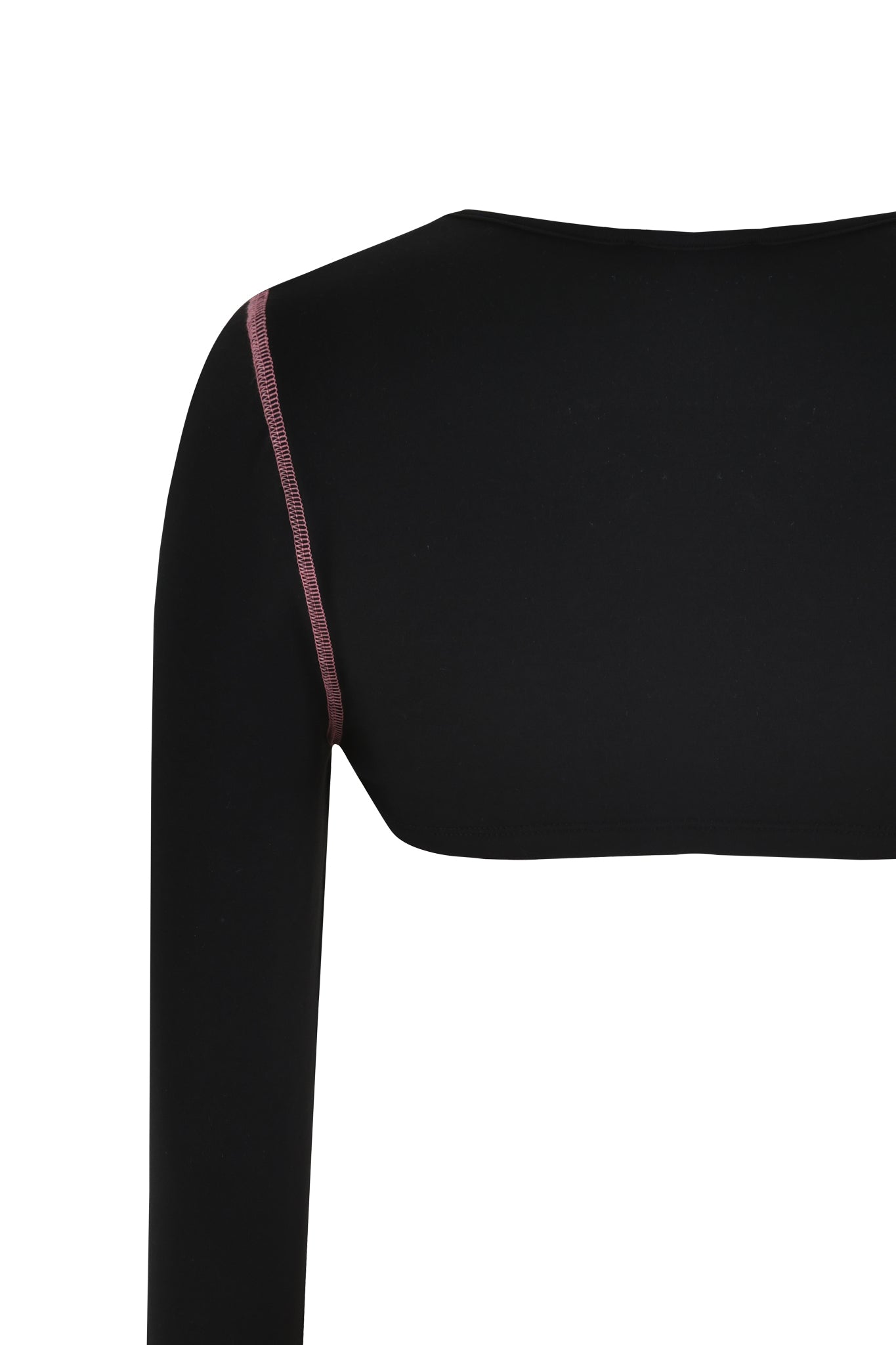 Close-up of the BLARE SHRUG - BLACK by I.AM.GIA featuring super soft stretch bamboo fabric and a diagonal pink seam detail on the shoulder against a plain white background, enhancing its smooth, form-fitting design.