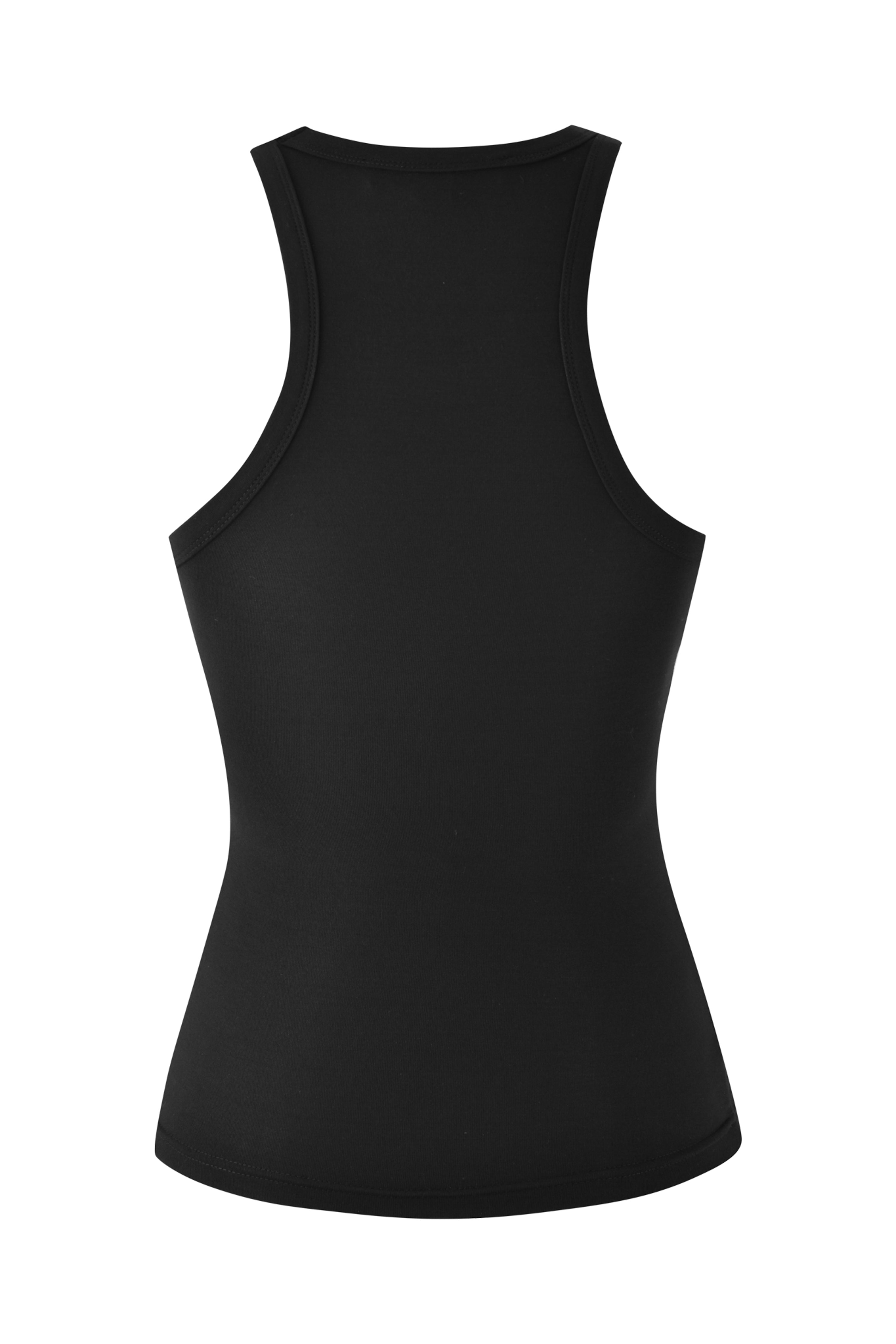The ARIES ZODIAC TANK by I.AM.GIA is a black, sleeveless bamboo tank top captured from the back, showcasing its racerback design and sleek bodycon fit against a white backdrop.