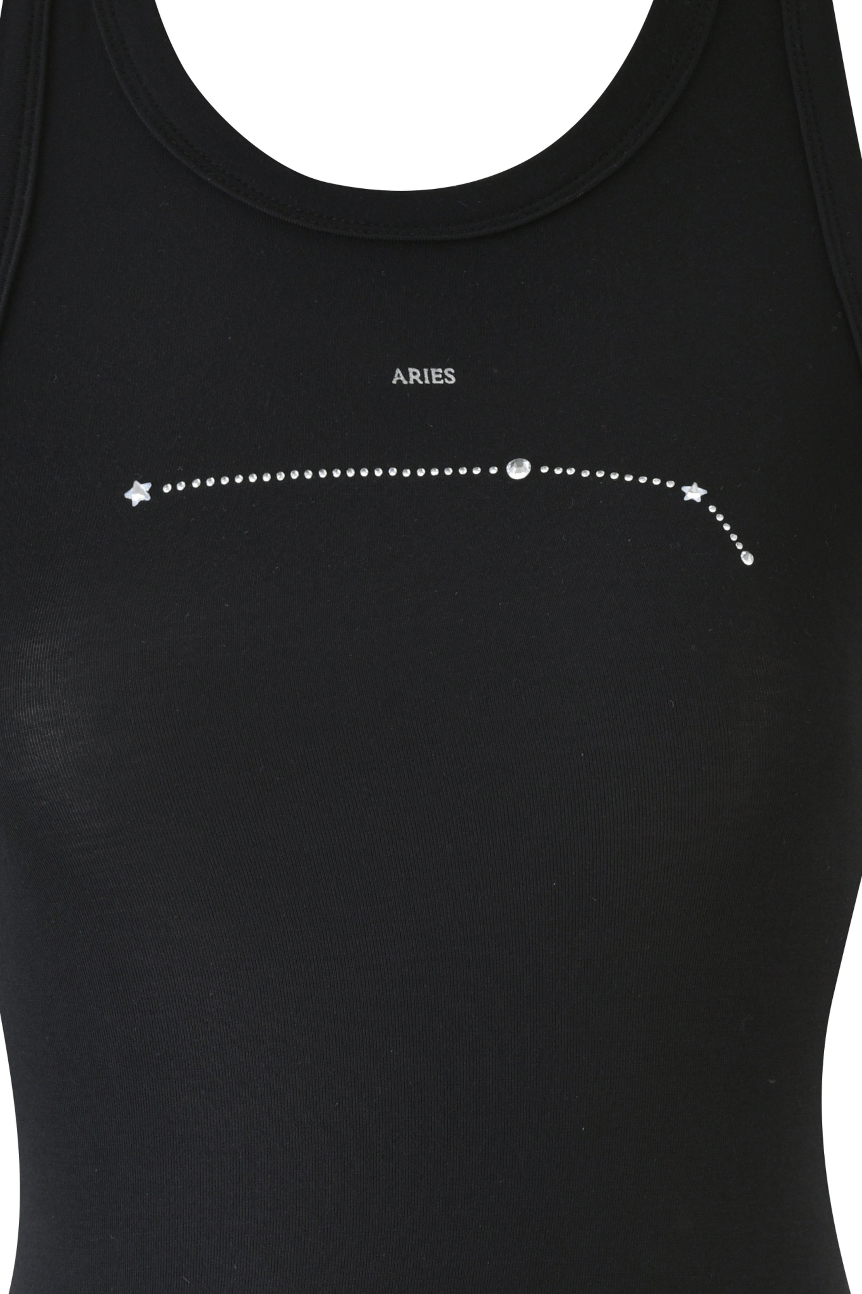 The ARIES ZODIAC TANK - BLACK by I.AM.GIA features a minimalist Aries constellation with small white dots and stars, topped with the word "Aries" and a subtle diamante graphic for added flair.