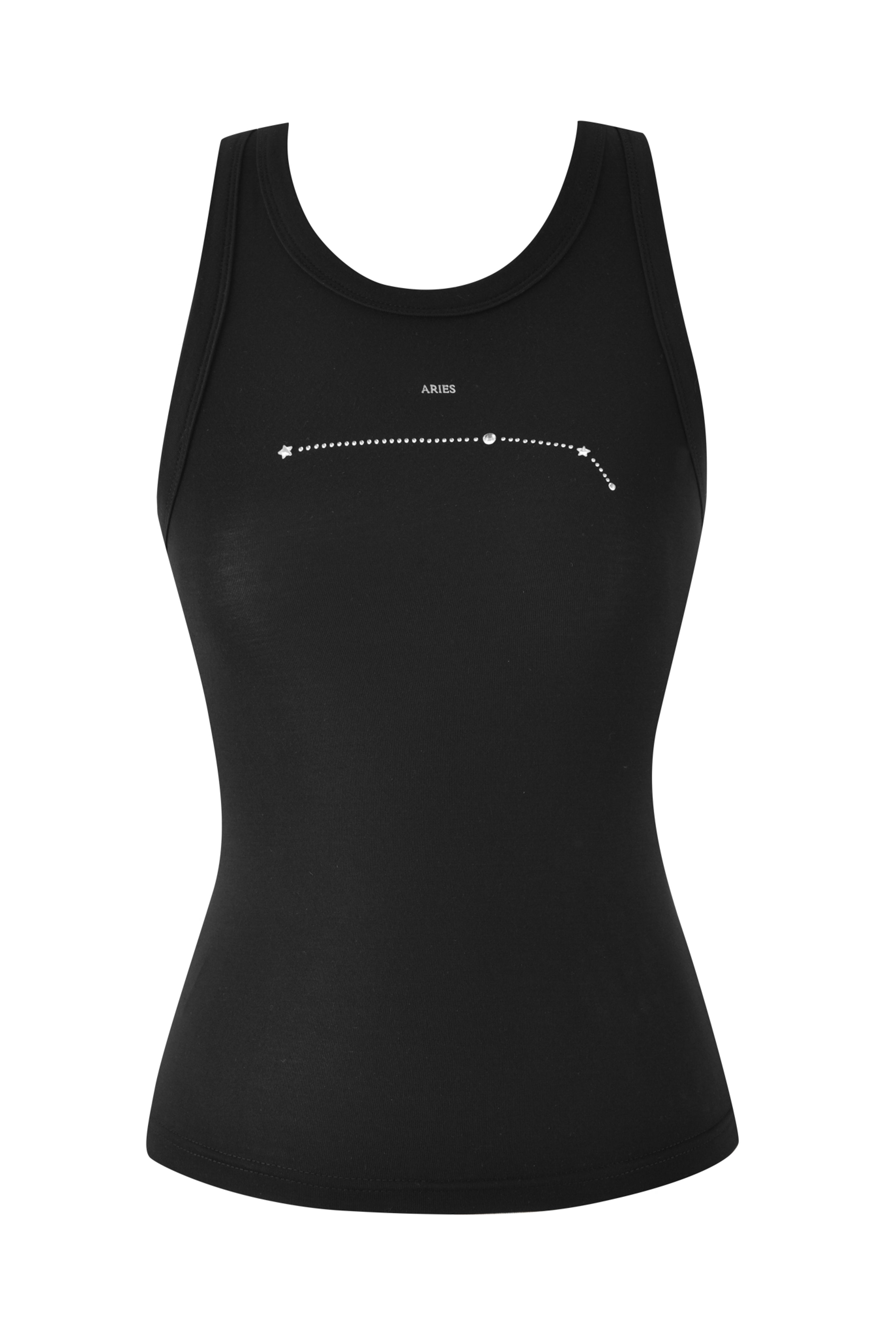 Discover celestial style with I.AM.GIA's ARIES ZODIAC TANK in black, featuring a minimalist Aries constellation graphic. Its bodycon fit flatters your silhouette, offering a chic and eco-friendly choice for astrology enthusiasts.