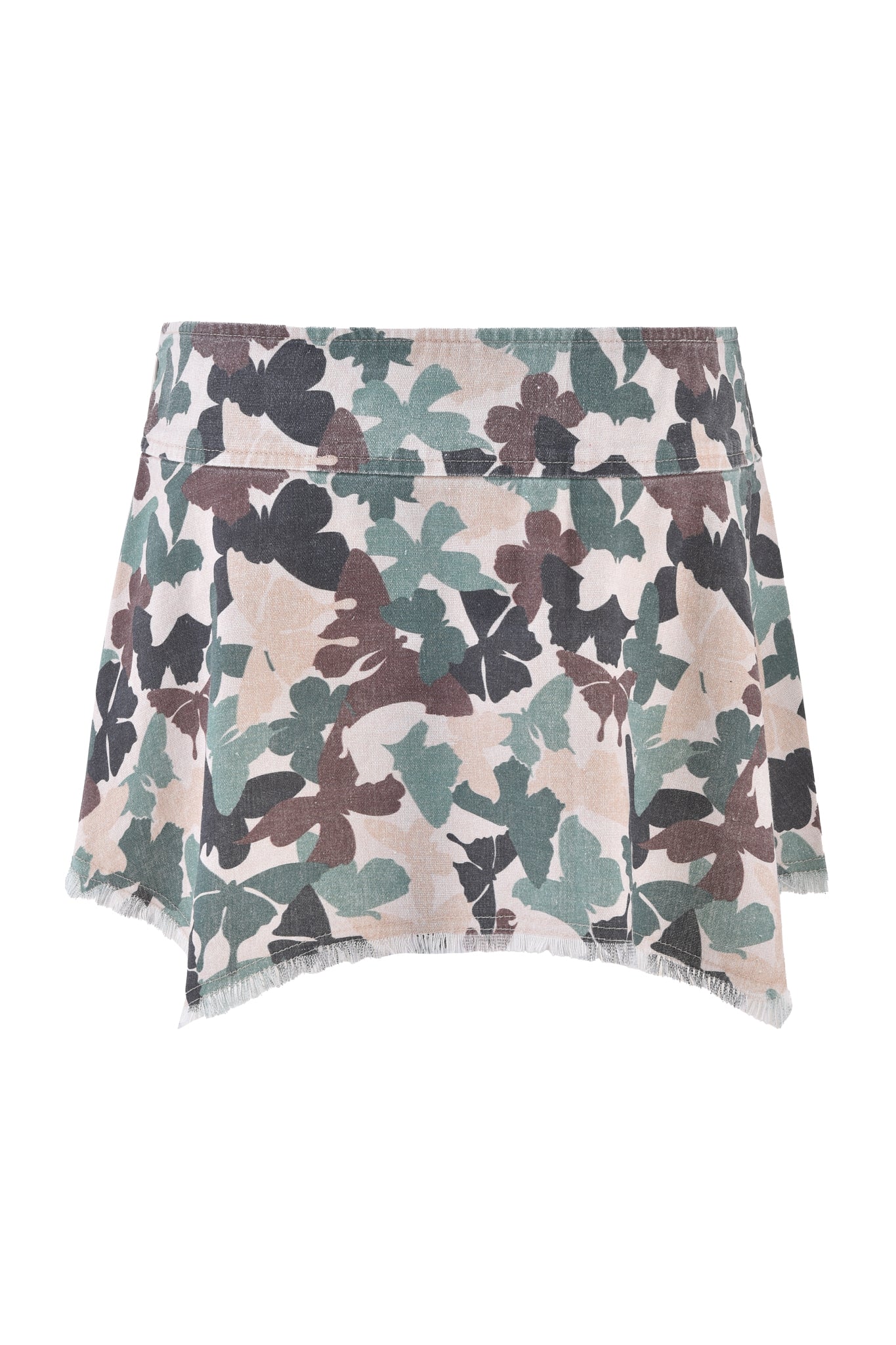 The EFFIE SKIRT - FLUTTER CAMO by I.AM.GIA is an olive and beige butterfly camo print mini skirt with a slightly frayed hem and an asymmetrical design featuring overlapping front panels on a plain white base.