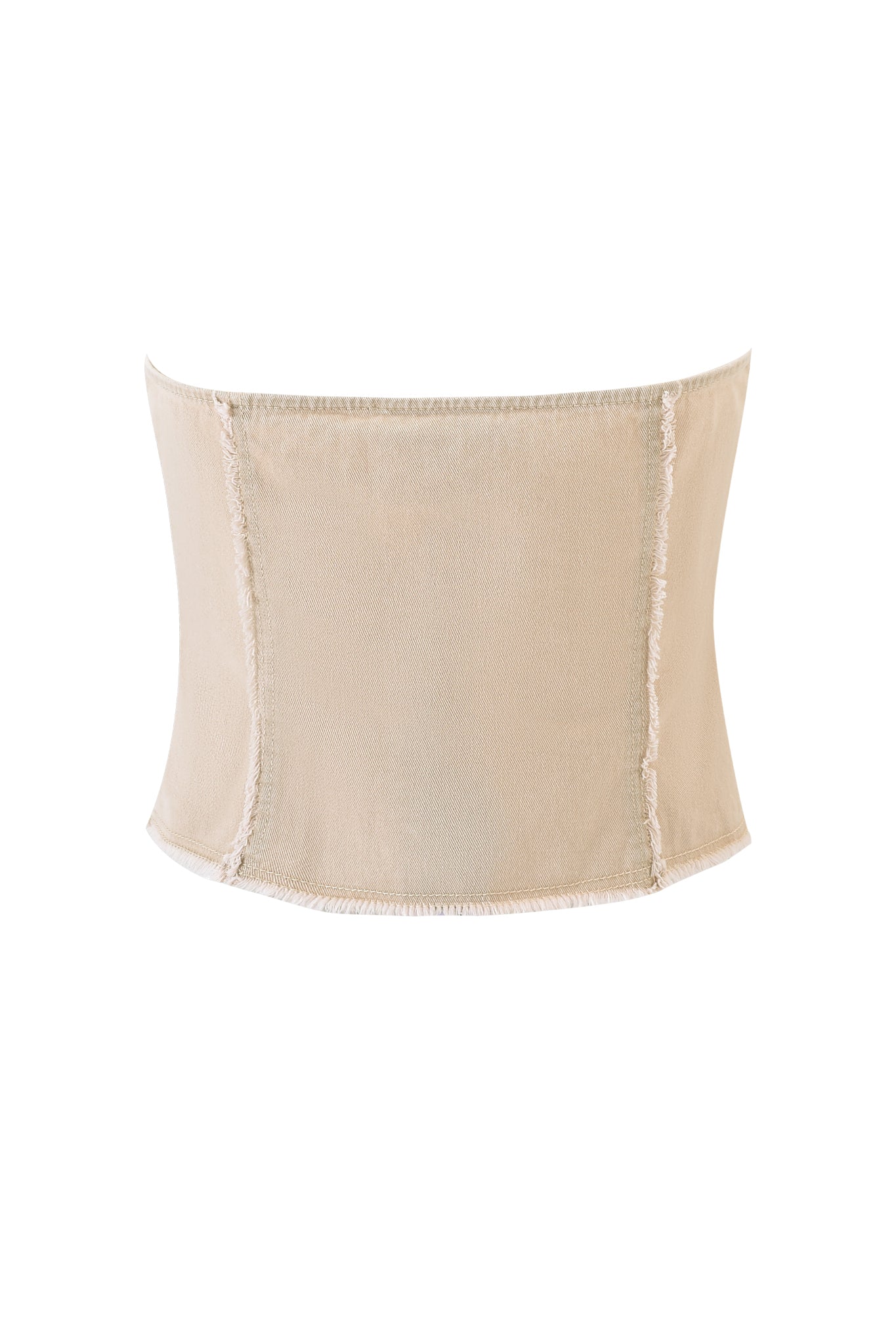 The I.AM.GIA MASON CORSET in tan is a strapless, tailored-fit top with visible seams and slightly frayed edges, shown against a plain white background.