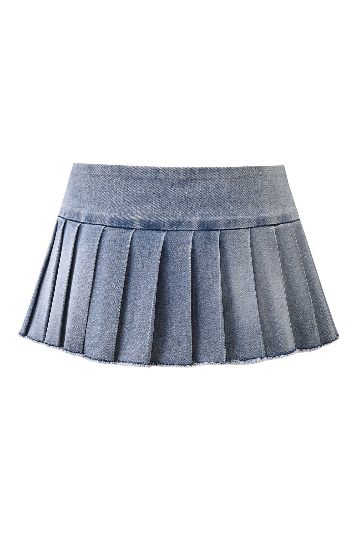 The I.AM.GIA REMINI DENIM MINI SKORT in light wash, featuring micro-mini pleats, is displayed on a plain background.