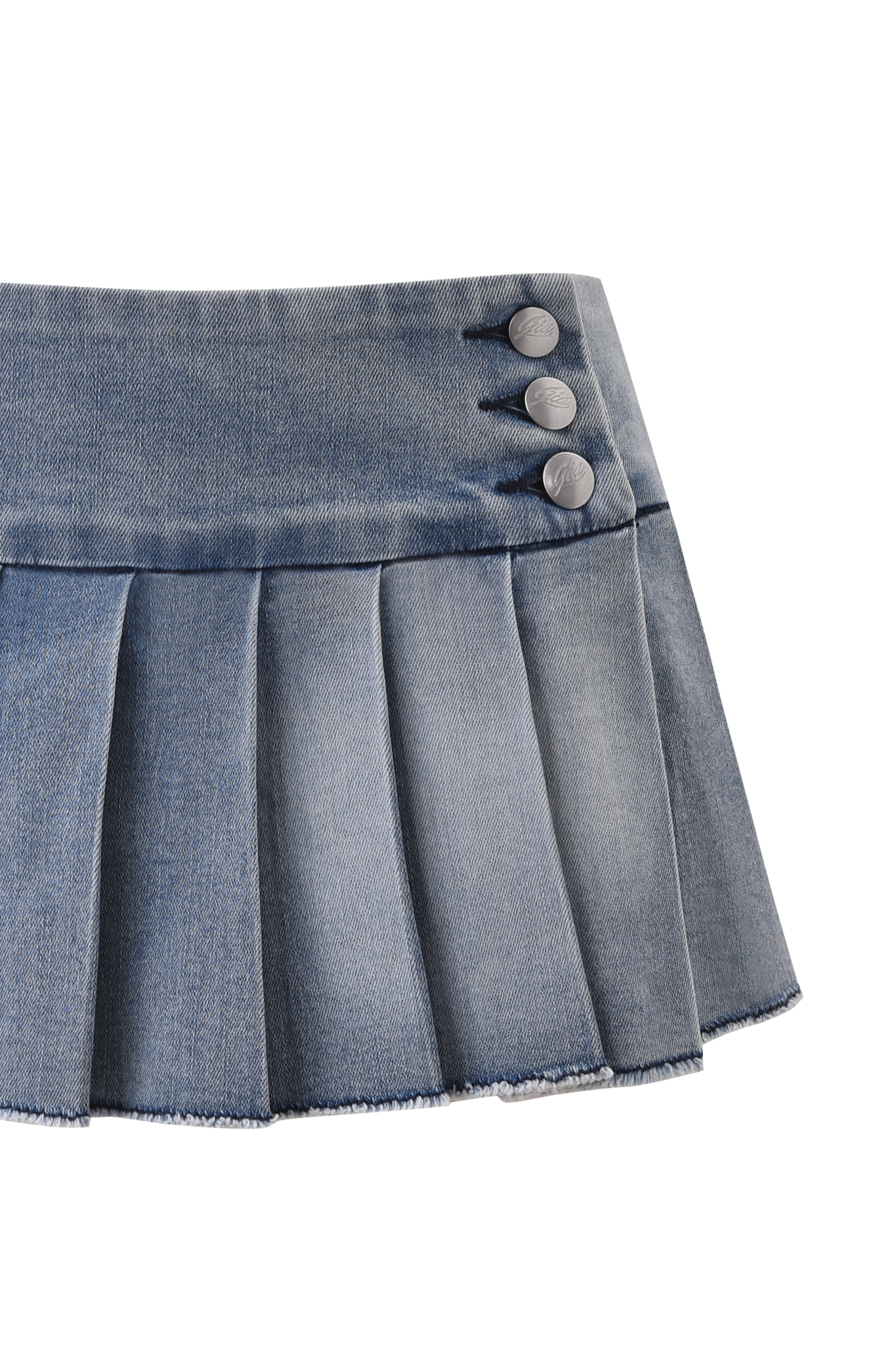 The I.AM.GIA REMINI DENIM MINI SKORT in light wash is a micro-mini pleated skort featuring a wide waistband and three metallic side buttons, inspired by the original Remini Skort.