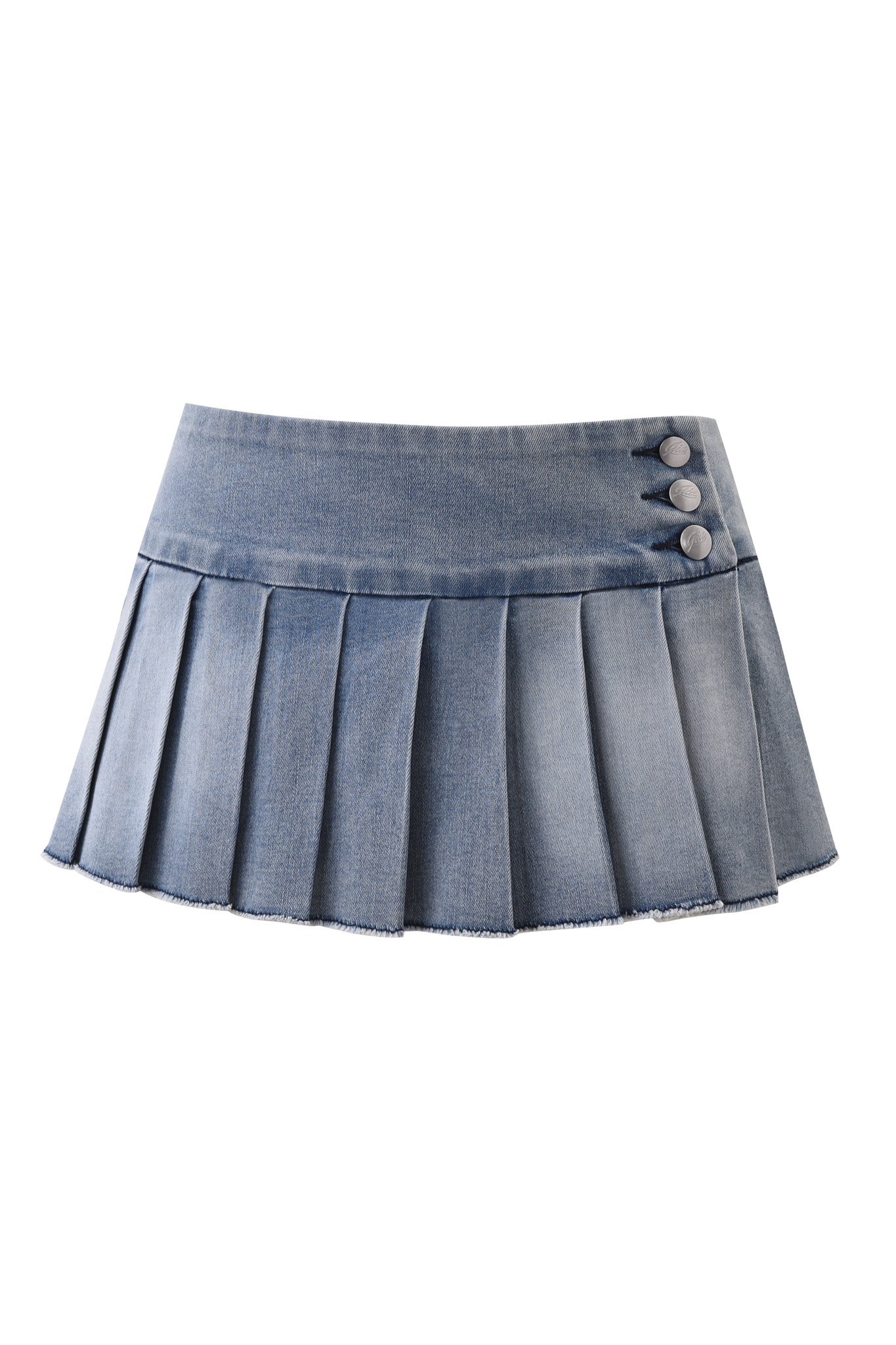 The REMINI DENIM MINI SKORT - LIGHT WASH by I.AM.GIA is a light blue, micro-mini pleated skort featuring three metallic buttons on the left waistband.