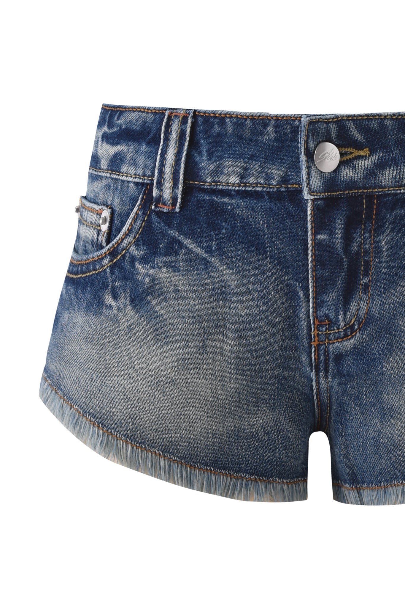 Close-up of the I.AM.GIA AURA DENIM SHORT in blue denim, featuring a low-rise waist, front pockets, raw frayed hem, and metal button waistband, isolated on a white background.