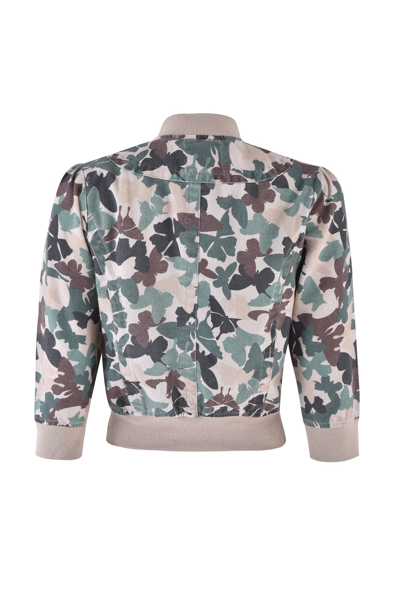 Back view of the "EFFIE JACKET - FLUTTER CAMO" by I.AM.GIA, featuring a butterfly camo print in green, brown, and beige. The cropped jacket has a ribbed collar, cuffs, and waistband for a fitted look that enhances its cargo style, blending casual with stylish elements.