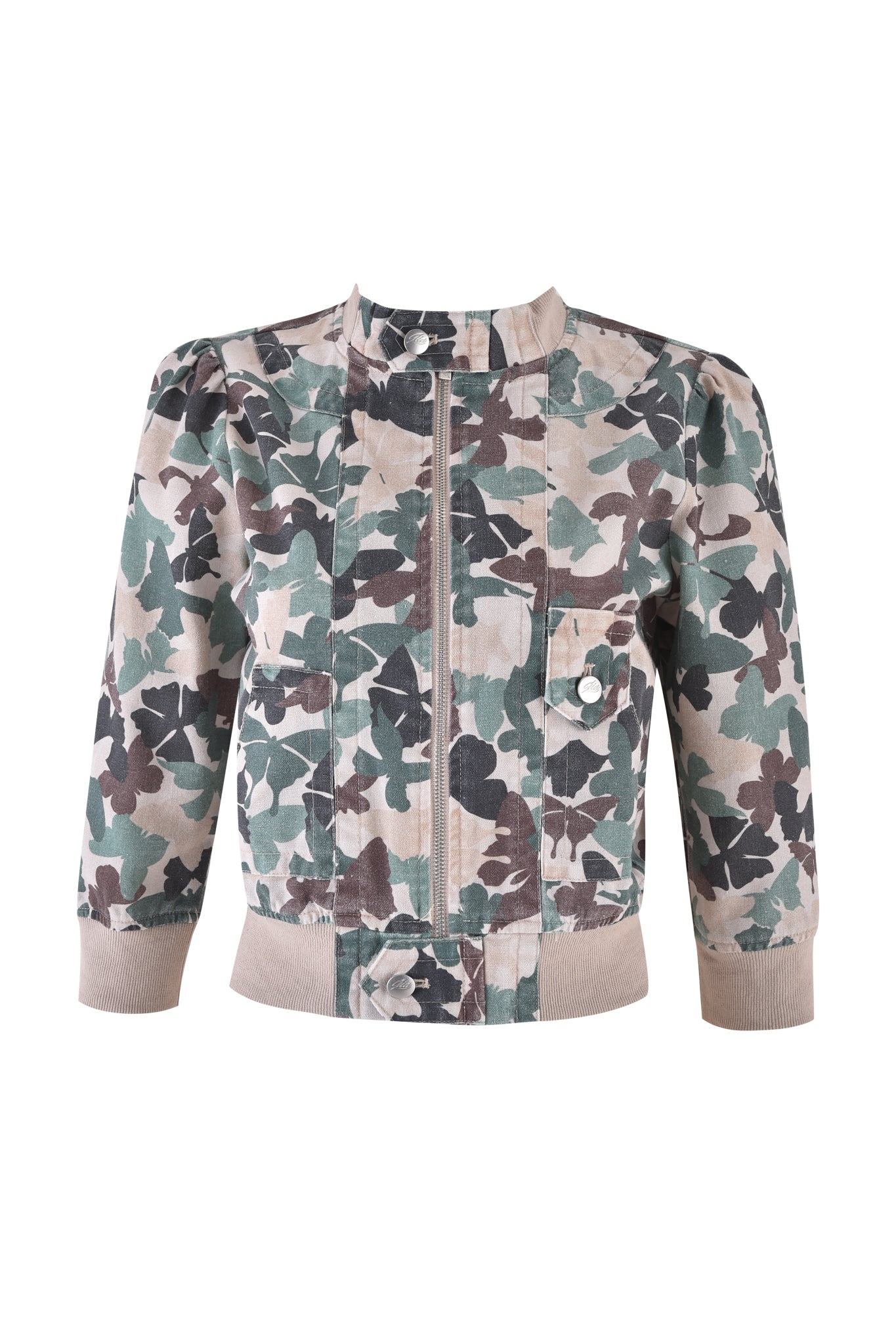 The I.AM.GIA EFFIE JACKET - FLUTTER CAMO is a cropped jacket featuring butterfly camo in green, brown, and beige. It has long sleeves, a front zipper closure, a high collar, and a buttoned chest pocket.