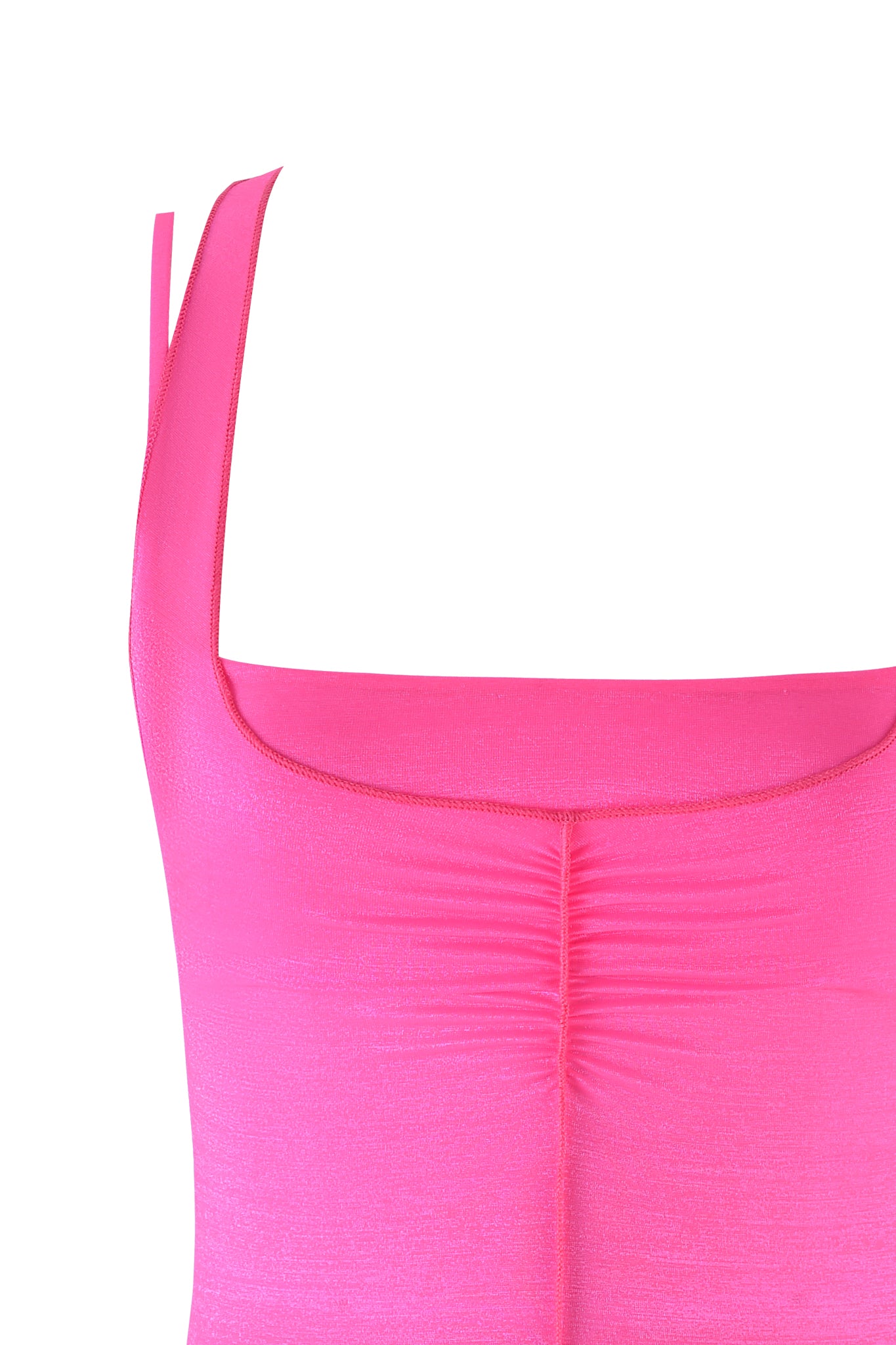Close-up of the I.AM.GIA NERINA TOP - NEON PINK, showcasing thin shoulder straps, a U-neckline, and central gathered seam detailing, all set against a white background with a sleek bodycon fit.