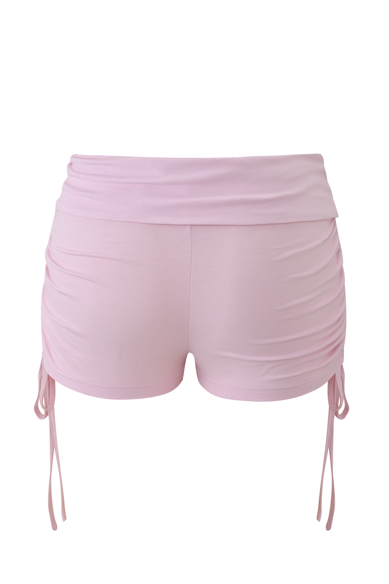 The I.AM.GIA MIA JERSEY SHORT in baby pink is high-waisted with ruched sides, adjustable drawstrings at the back, and a smooth, fitted bamboo jersey fabric.