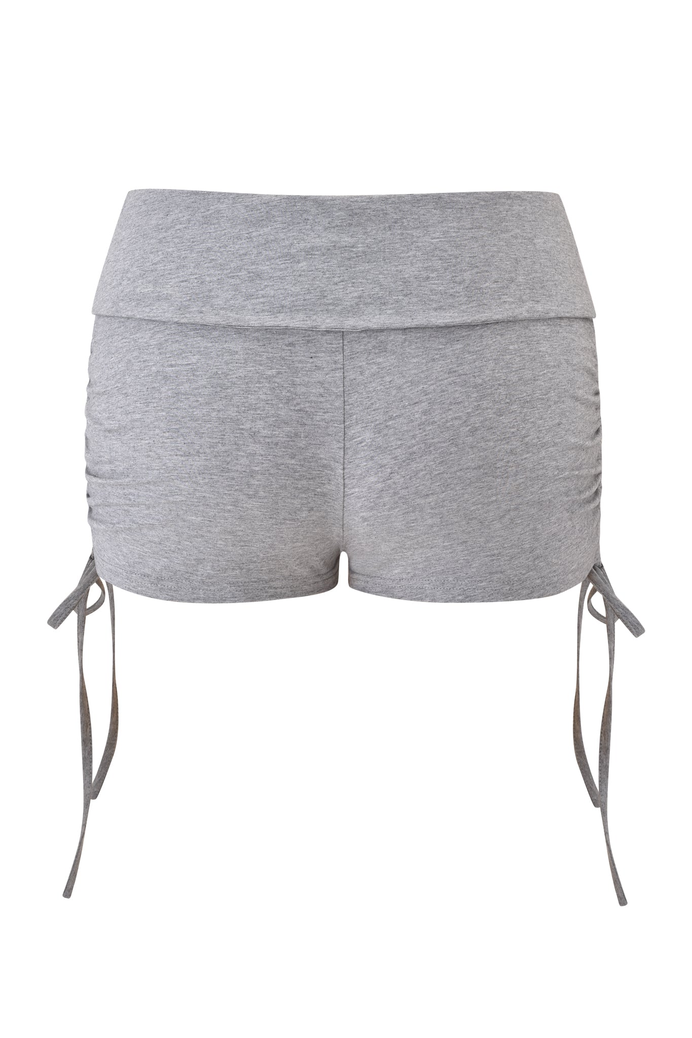 The MIA SHORT - HEATHER GREY by I.AM.GIA features a high waist, folded waistband, side drawstrings, and soft stretch jersey for a comfy, sporty look—perfect for everyday wear.