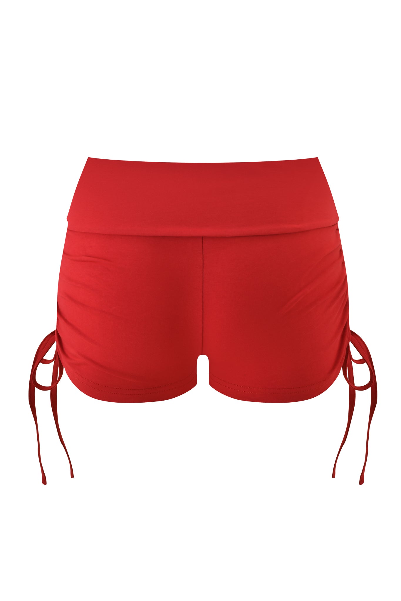 The MIA SHORT - RICH RED by I.AM.GIA features a fold-over waistband, ruched sides, and adjustable drawstrings, shown flat against a white background.