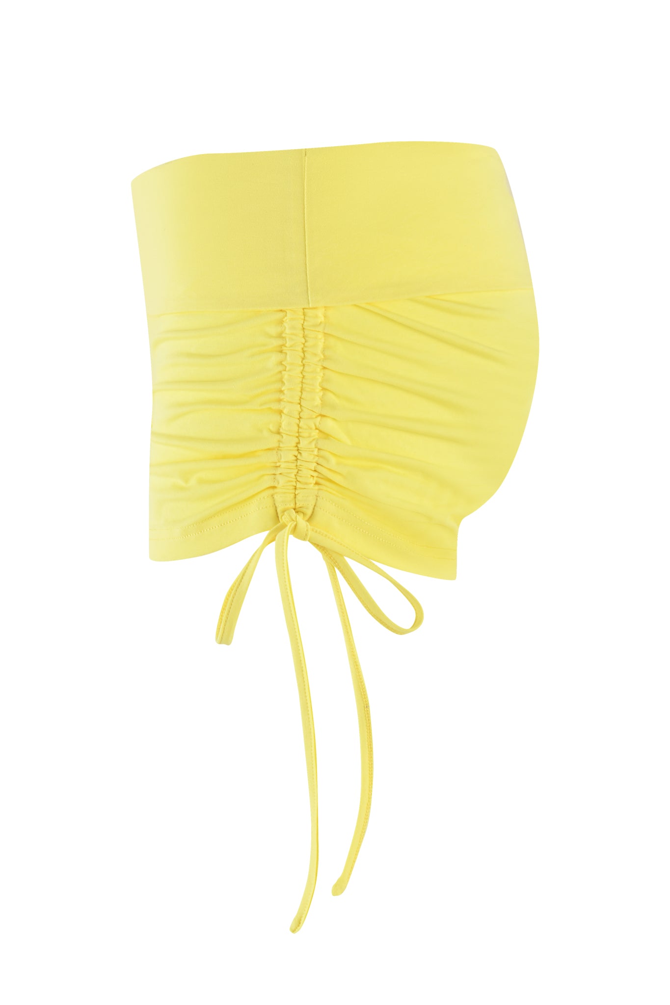 The MIA SHORT - YELLOW by I.AM.GIA is a bright yellow high-waisted mini skirt with a ruched bamboo fabric design, featuring a center drawstring for a gathered look. Its bodycon fit beautifully accentuates curves and is presented against a white backdrop.