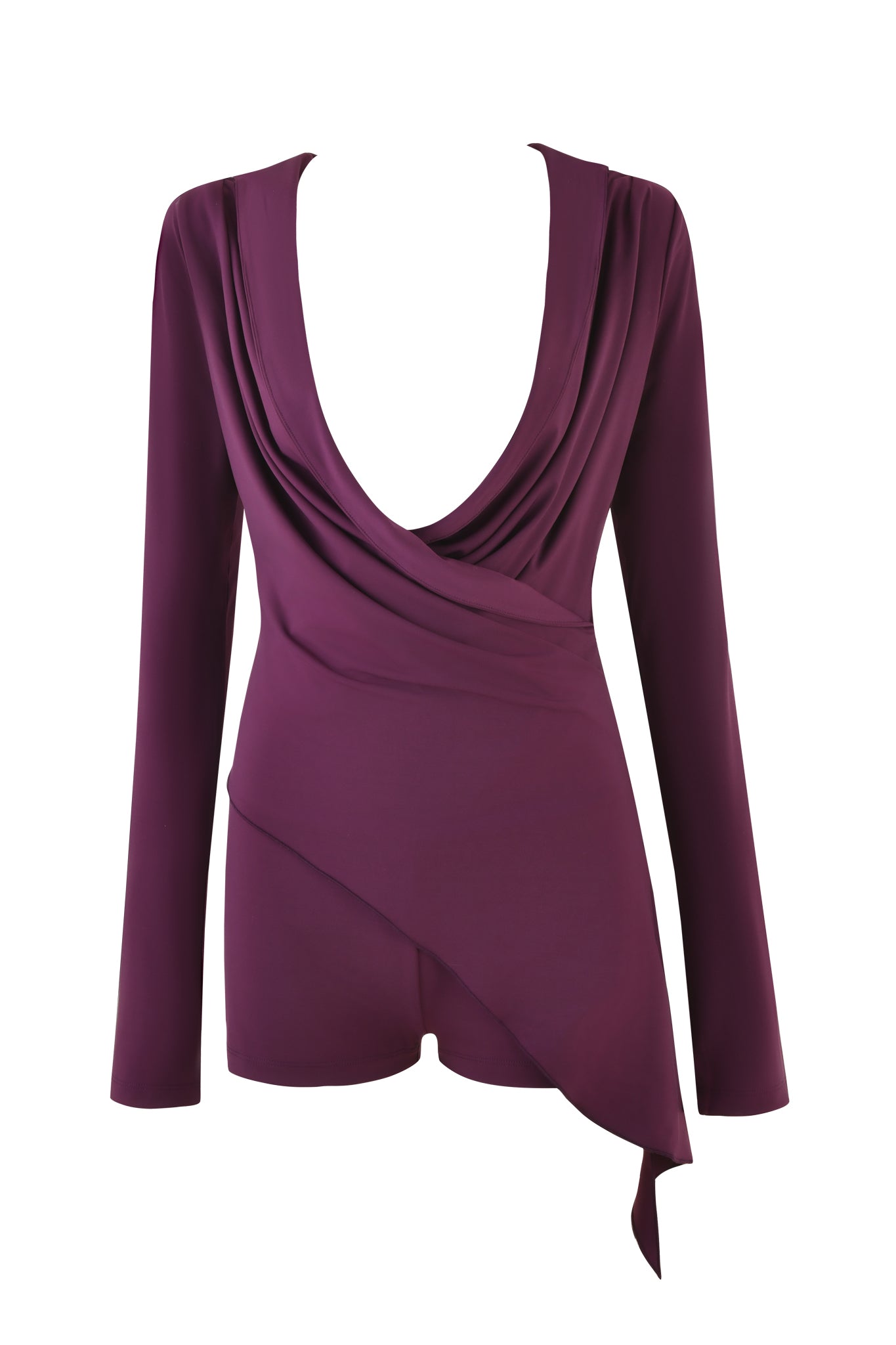 The I.AM.GIA IRINA PLAYSUIT in Plum features a deep purple hue with long sleeves, a plunging neckline, and an asymmetrical hem for a wrapped look, all set against a white background, embodying elegance and style.