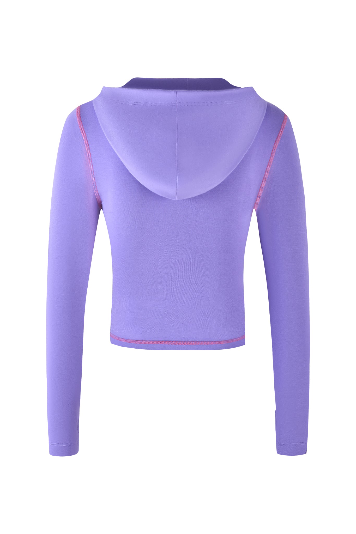 The I.AM.GIA BLARE HOODIE - PURPLE features long sleeves, a cropped fit, a hood, and pink seam details. It's displayed from the back on a white background.
