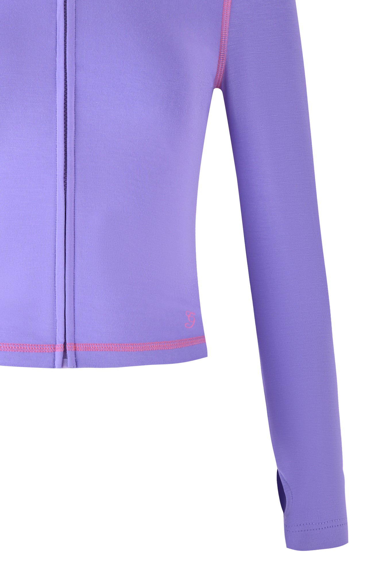 A close-up of the I.AM.GIA BLARE HOODIE - PURPLE highlights pink seam stitching and a fitted design, featuring a small thumb hole at the sleeve end for seamless style and comfort.