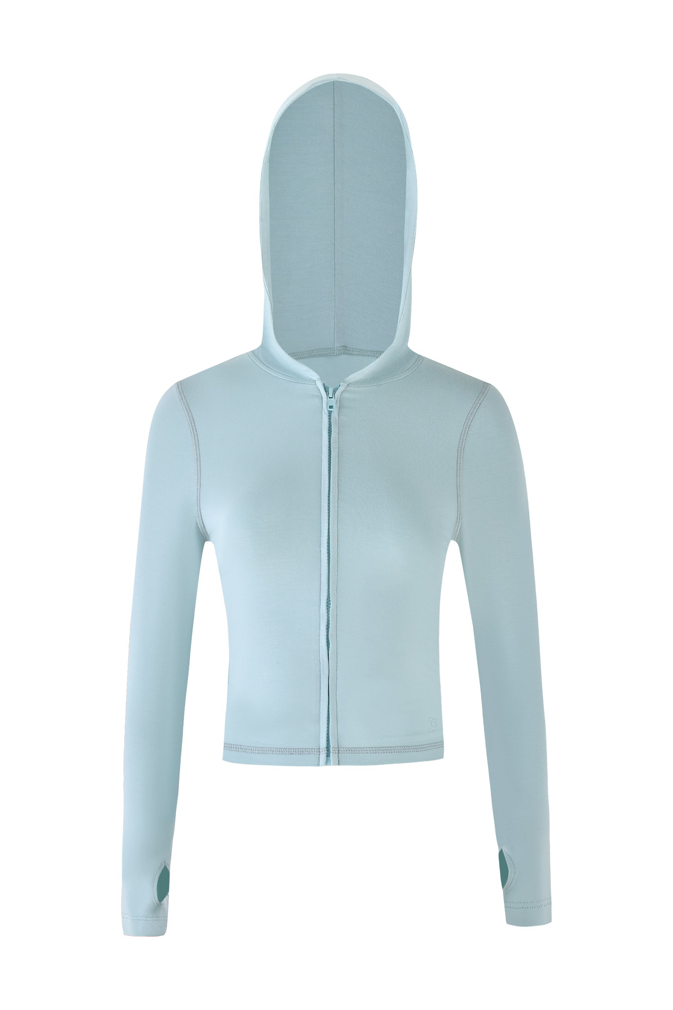 The I.AM.GIA BLARE HOODIE - SEAFOAM is a light blue cropped hoodie with long sleeves, a front zipper, and thumb holes. This stylish piece features visible stitching and is showcased against a plain white background.