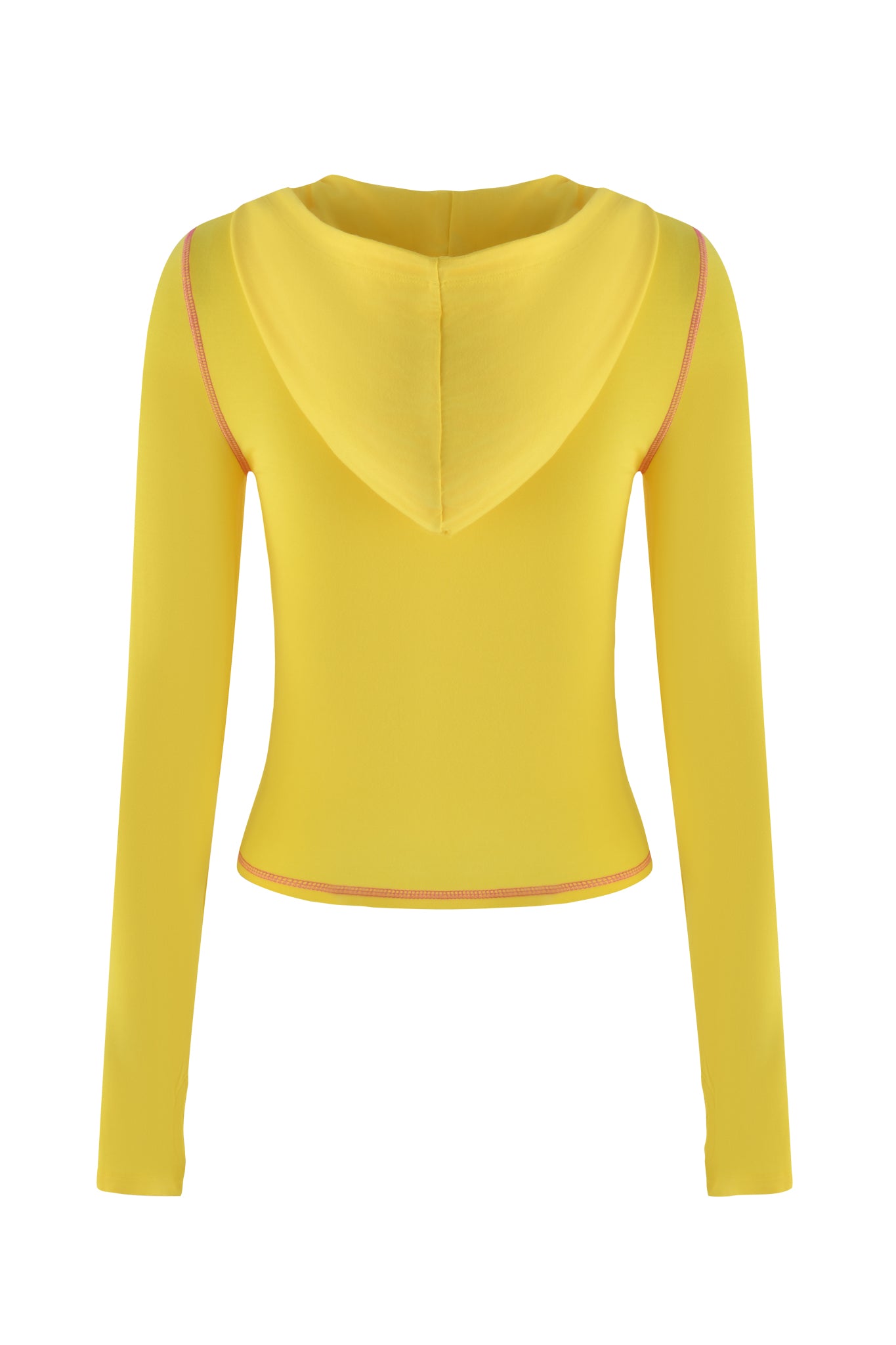 The I.AM.GIA BLARE HOODIE - LEMON is vibrant lemon yellow, shown from the back, featuring red seam stitching and a snug bodycon fit against a plain white background.