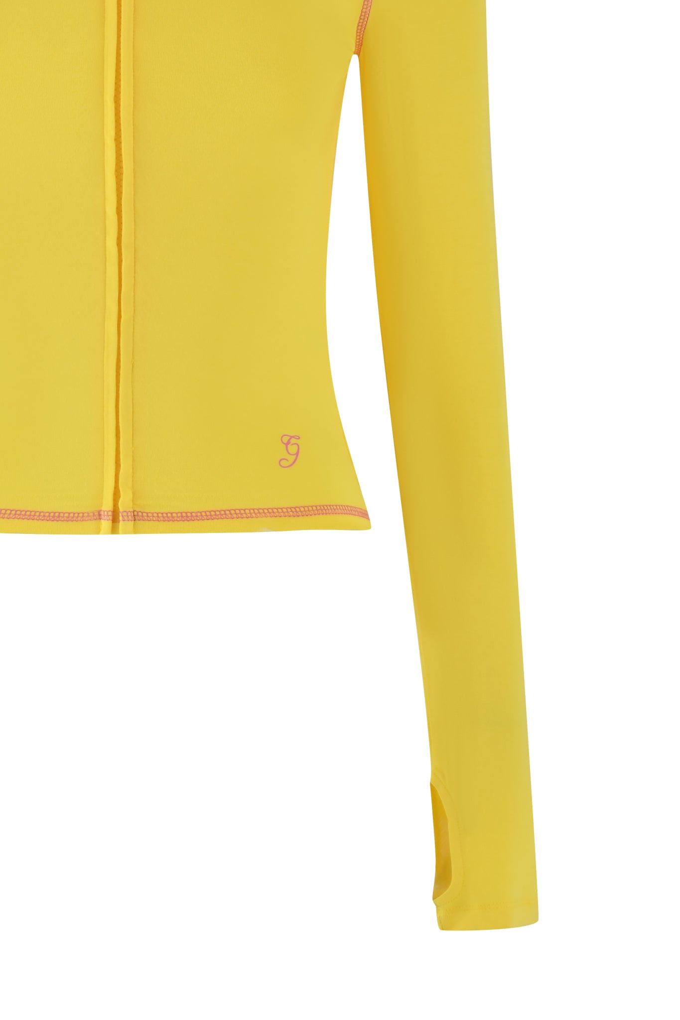 Close-up of a lemon yellow BLARE HOODIE by I.AM.GIA, featuring a zip, long sleeves, and pink stitching. A small pink decorative letter adorns the bottom corner.