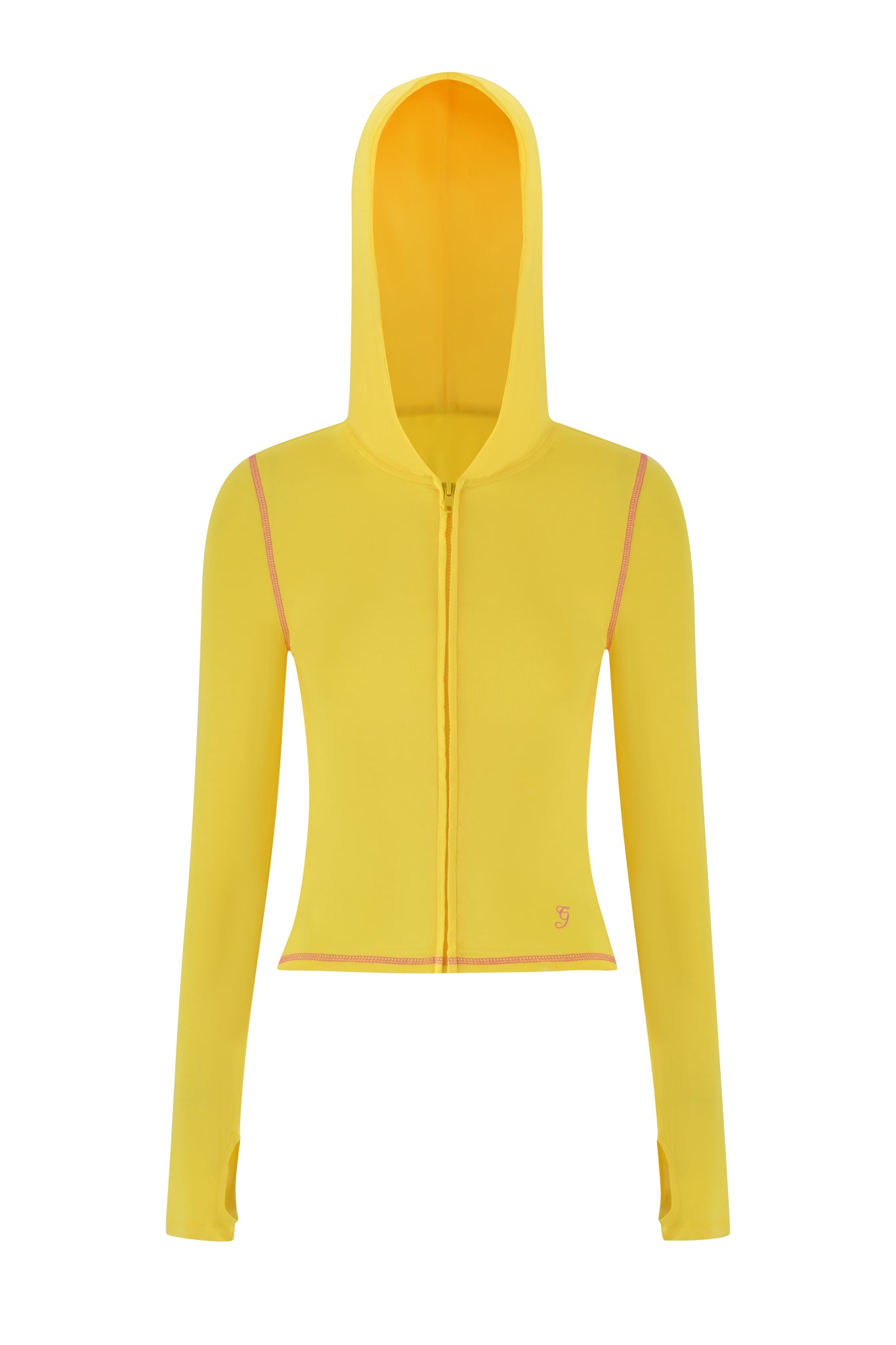 The BLARE HOODIE - LEMON by I.AM.GIA is a lemon yellow hooded jacket with a front zipper, long sleeves featuring thumb holes, and pink seam accents.