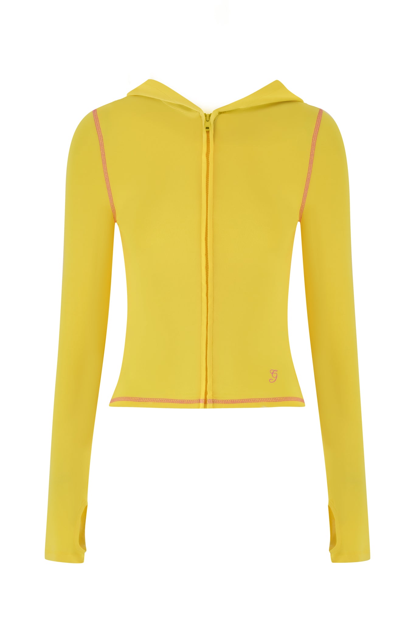 The I.AM.GIA BLARE HOODIE in lemon boasts a long-sleeve zip-up design with pink stitching and thumb holes, beautifully set against a white background.