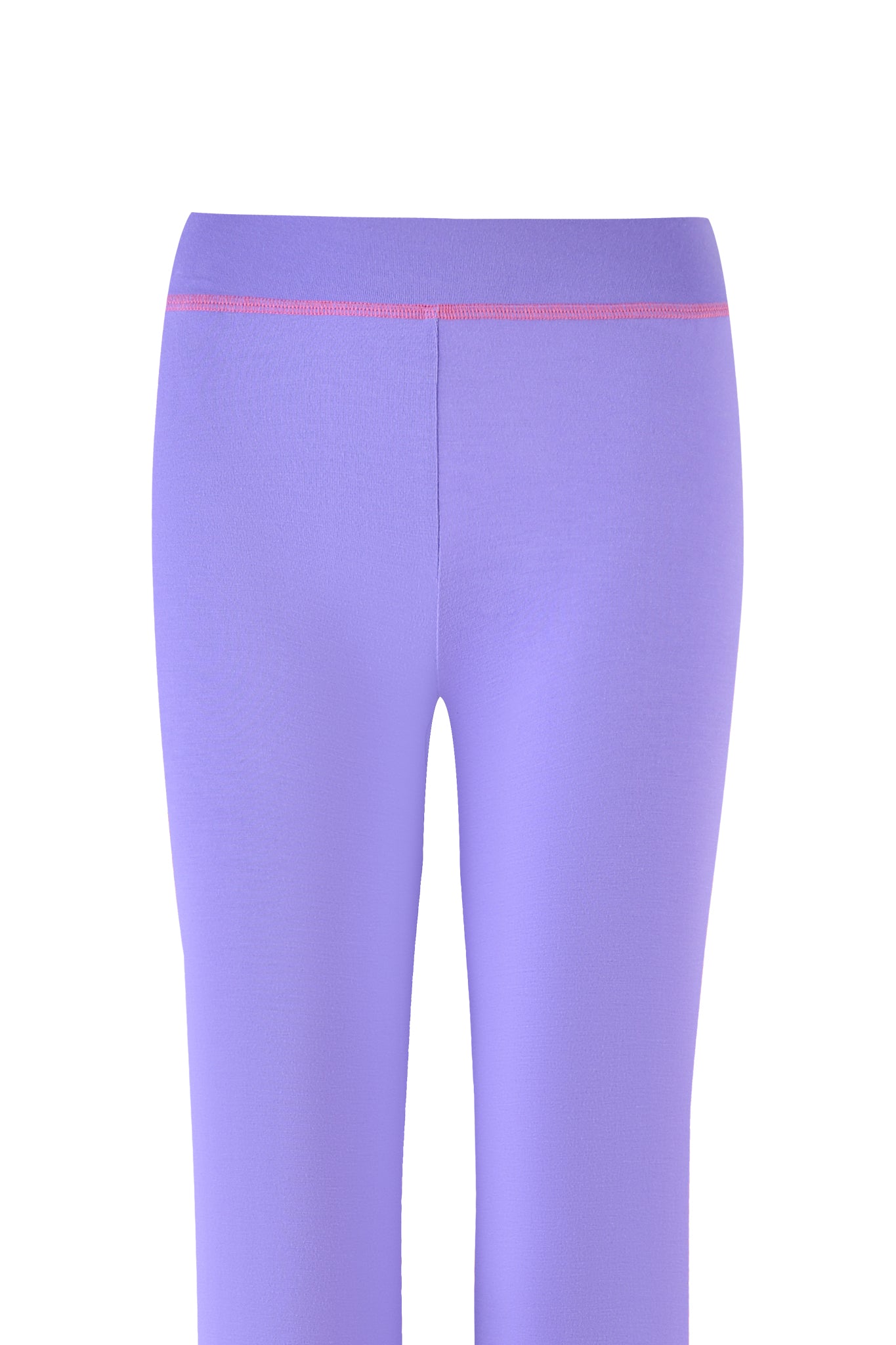 The BLARE TRACKPANT - PURPLE by I.AM.GIA features a pink waistband on a sleek design. Made from stretchy bamboo, these purple leggings offer comfort and style, all showcased on a plain white background.