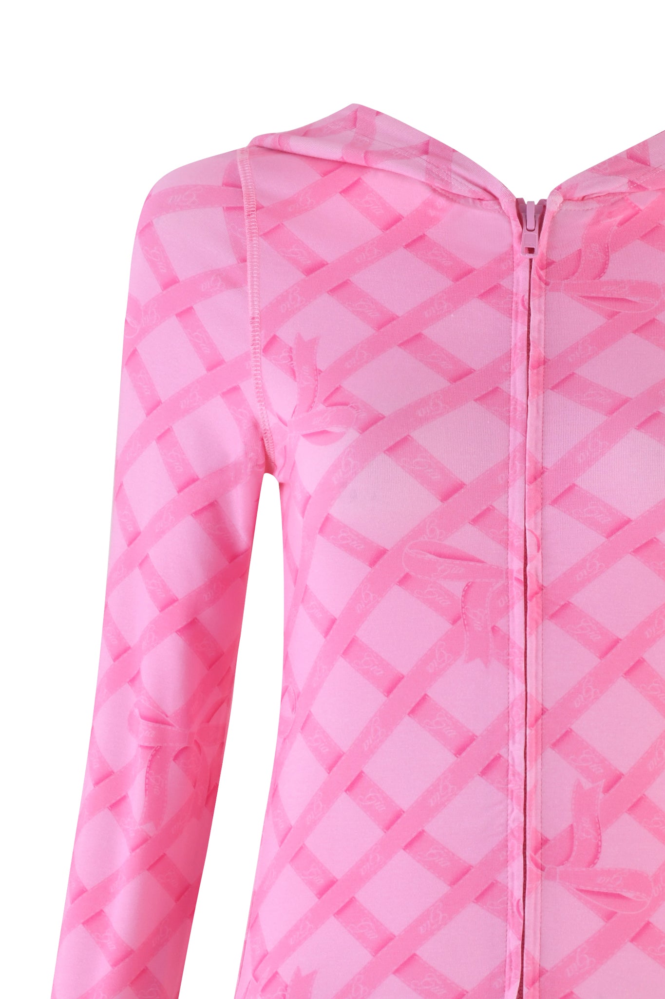 Close-up of the BLARE HOODIE - PINK : WRAPPED IN GIA by I.AM.GIA, showcasing its geometric lattice and floral print. This bodycon hoodie features a front zipper and long sleeves, displayed against a plain white background.
