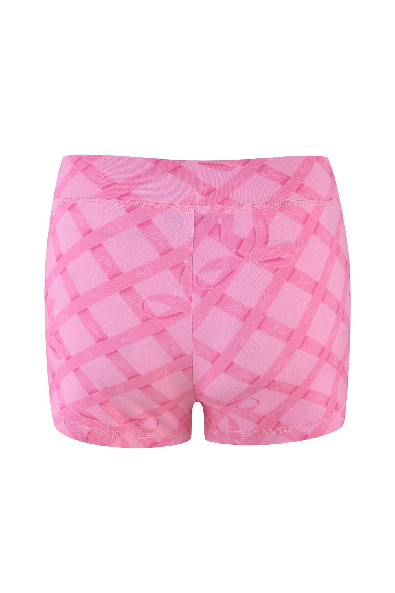 The I.AM.GIA BLARE SHORT - PINK : WRAPPED IN GIA showcases a pink geometric print with lighter diagonal lines and circular motifs. Made from stretchy bamboo fabric, it offers a smooth texture ideal for sporty or casual styles, highlighted in the back view.