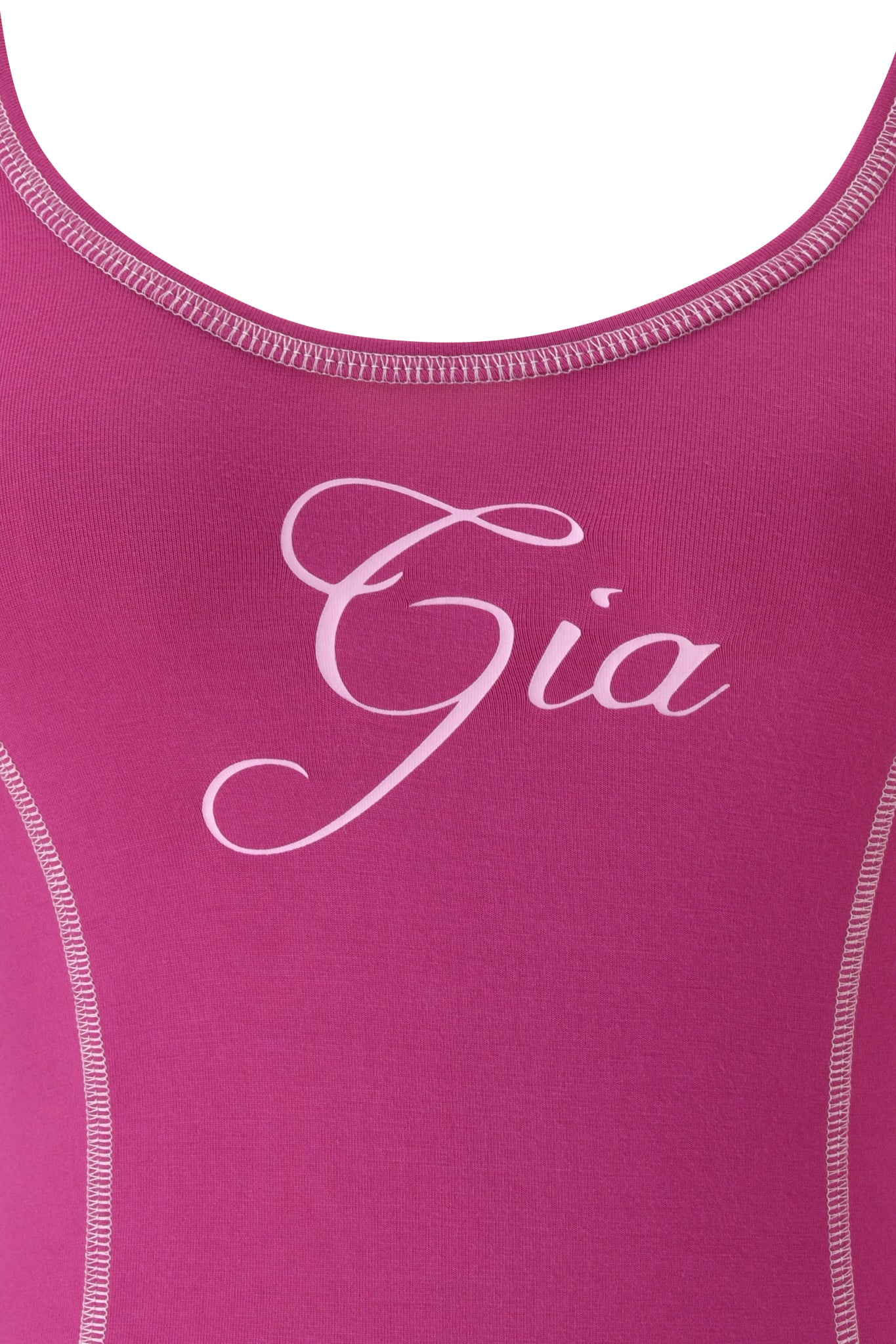 Close-up of the I.AM.GIA BLARE TANK - RASPBERRY featuring light pink stitching and "Gia" in elegant cursive across the chest.