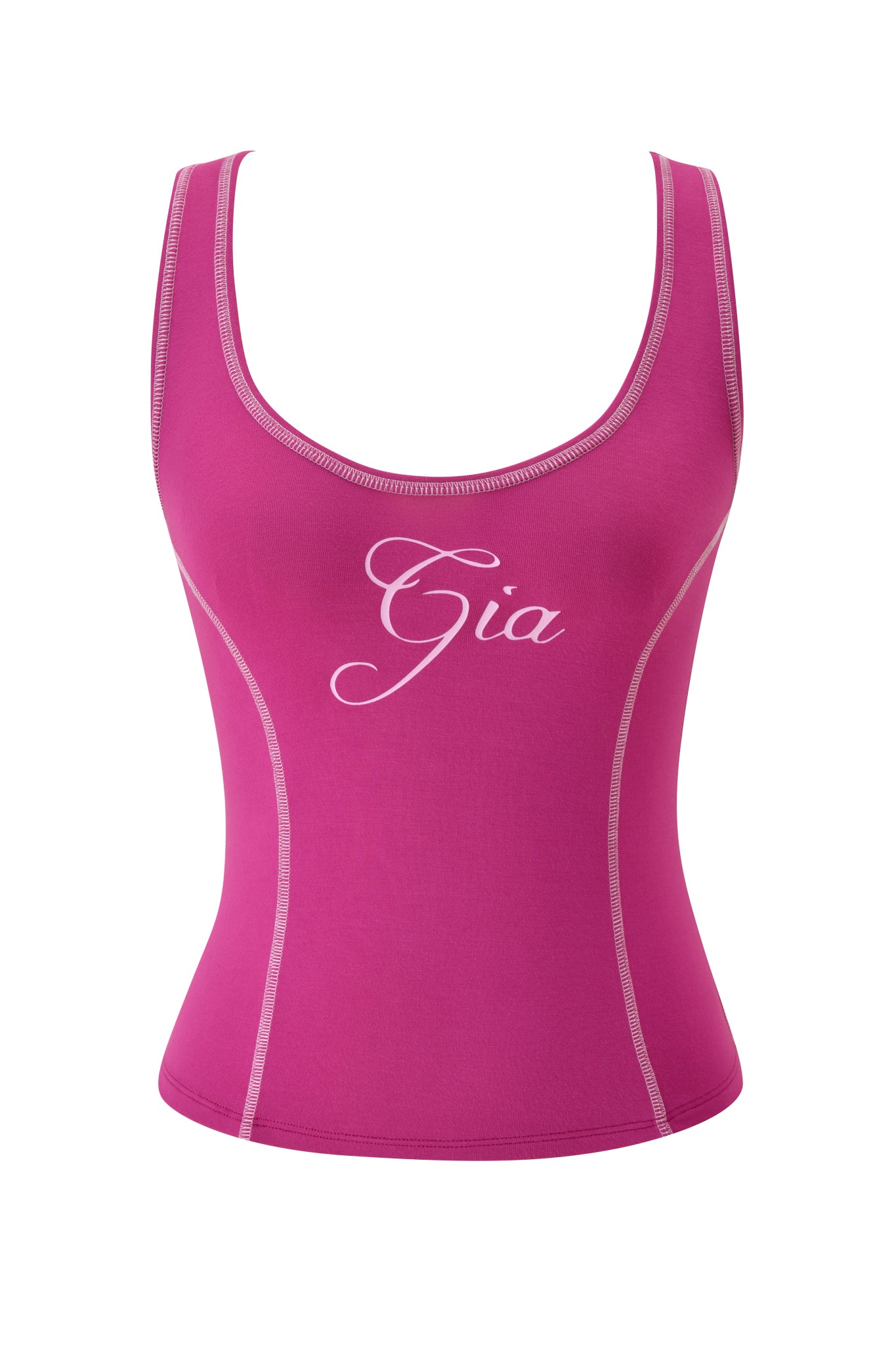 The BLARE TANK - RASPBERRY by I.AM.GIA is a fitted, sleeveless tank featuring light pink seams and “Gia” in cursive on the front. This bodycon top pops against a white backdrop.