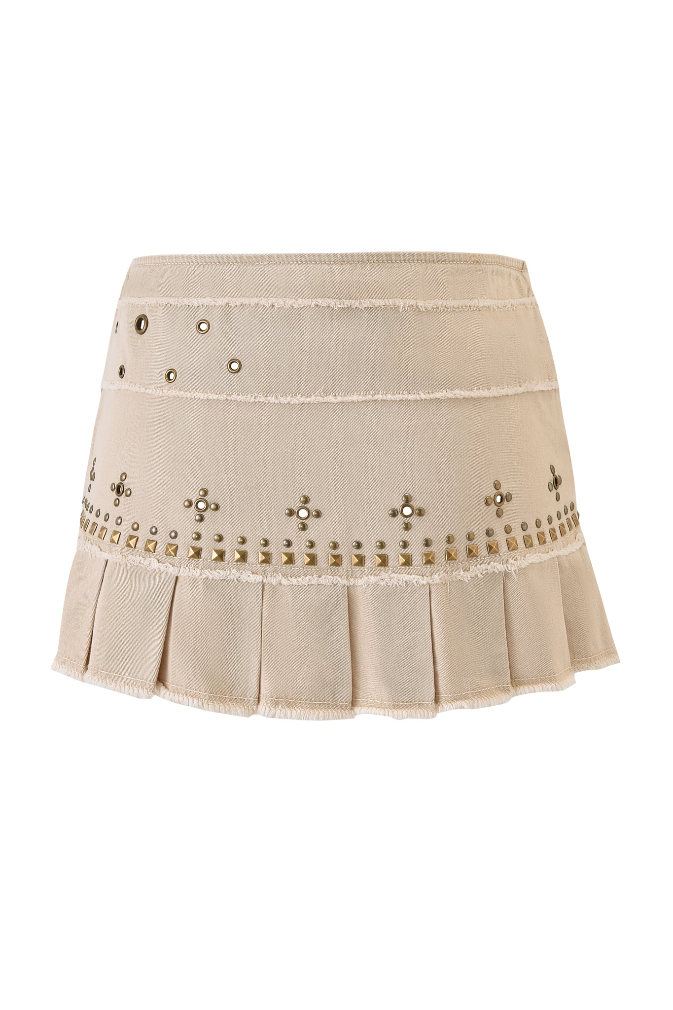 The I.AM.GIA MASON MINI SKIRT in tan is a beige canvas mini skirt with pleats, horizontal seams, an asymmetrical belt, and decorative gold studs and grommets in intricate patterns.