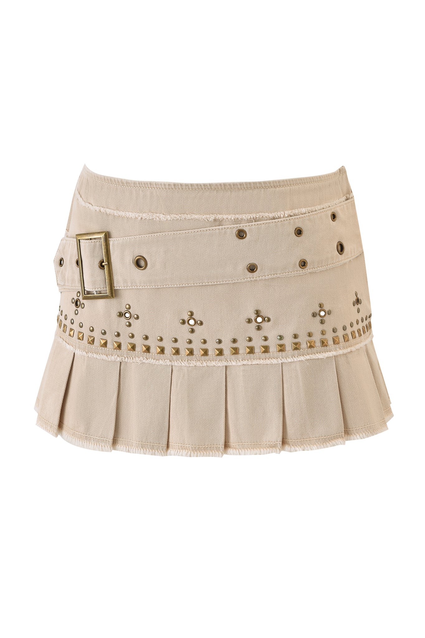 The I.AM.GIA MASON MINI SKIRT - TAN features a beige canvas with pleats, silver and gold studs, an asymmetrical belt with a bold buckle, metal eyelets, frayed hem, and a structured silhouette for an edgy look.