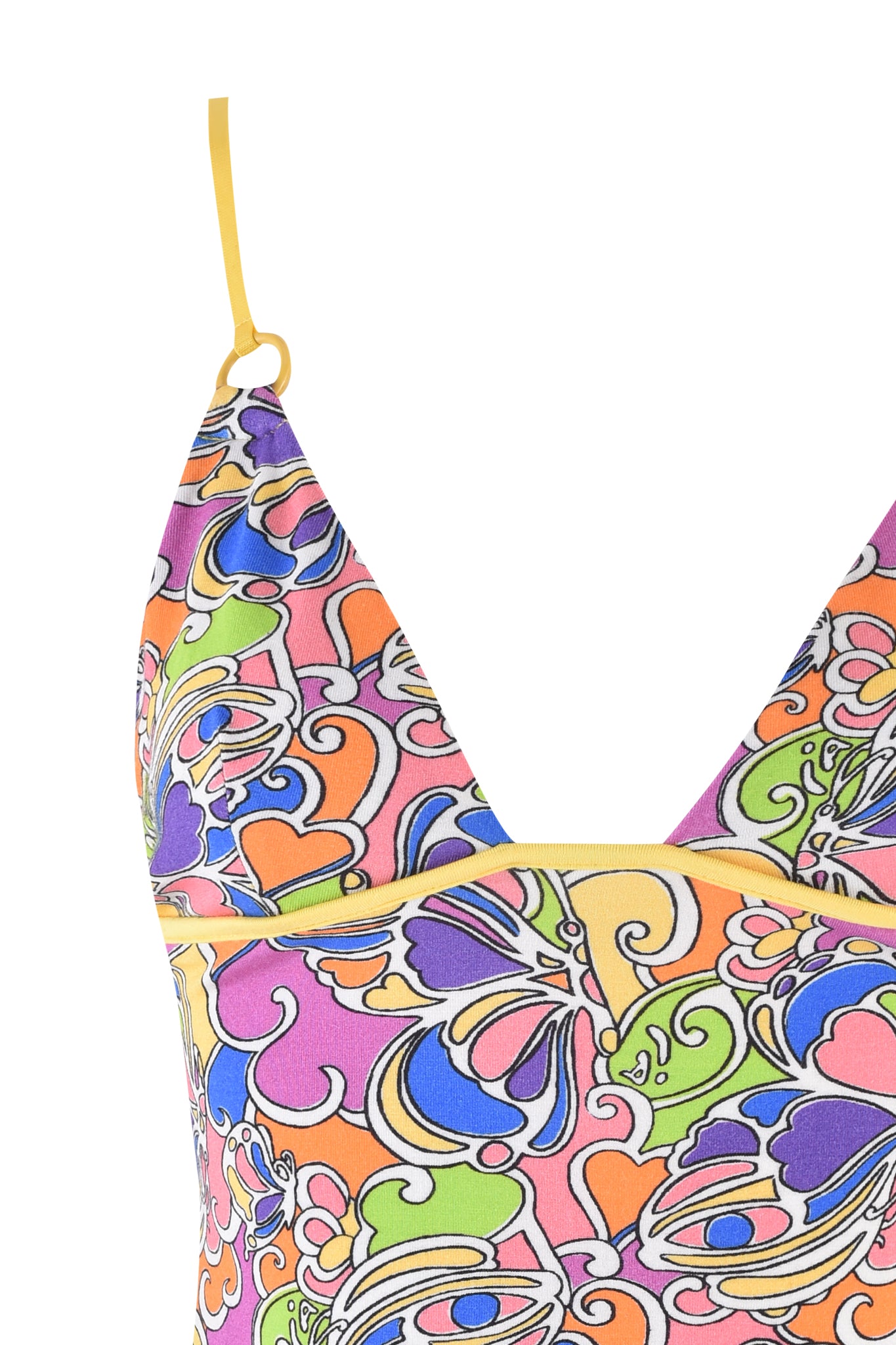 The ETTA TOP - TROPICAL BUTTERFLY BLOOM by I.AM.GIA features a psychedelic floral and abstract pattern, triangle bust cups, adjustable yellow satin elastic shoulder straps, and a deep V-neckline.