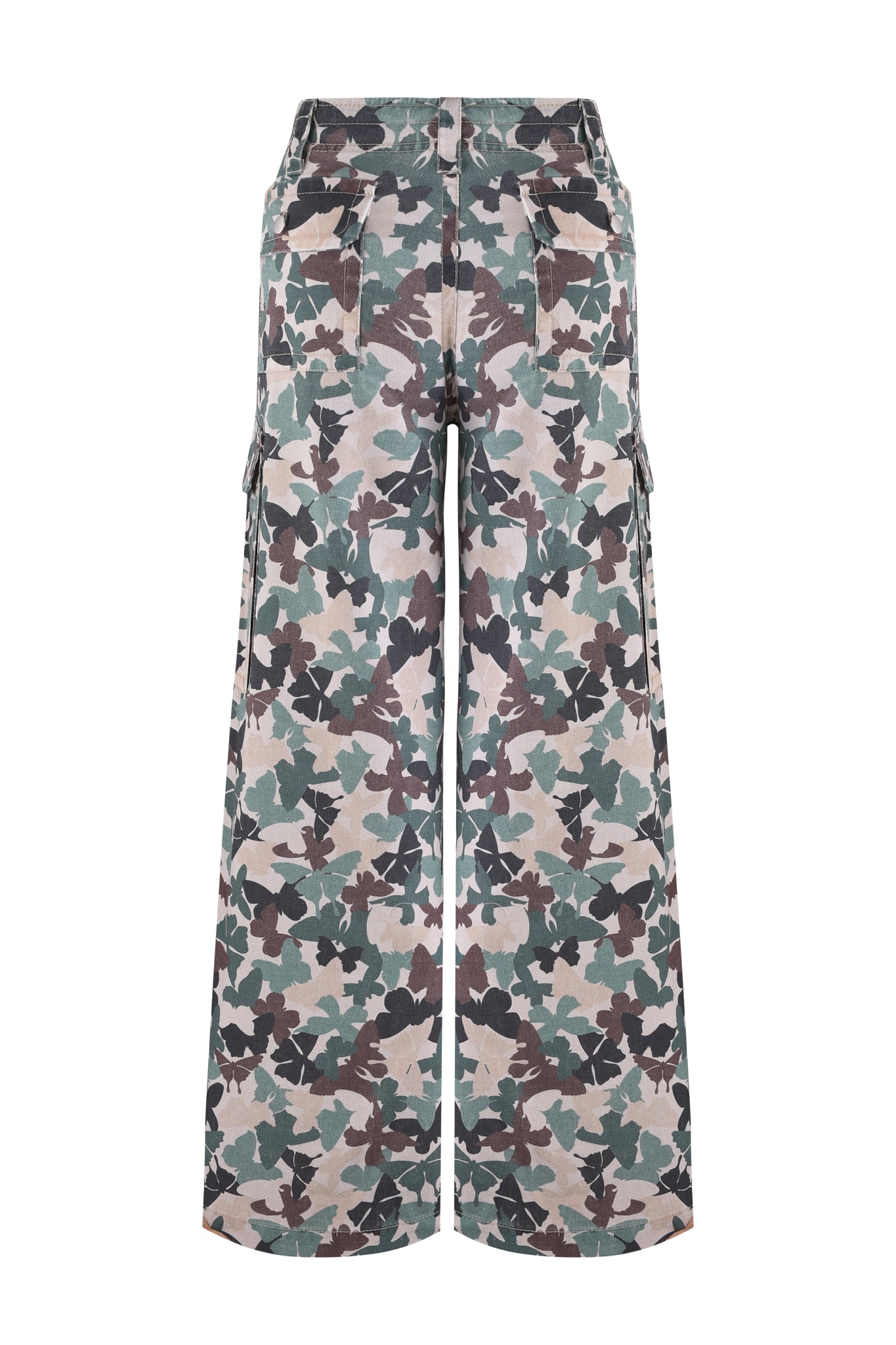 The I.AM.GIA EFFIE CARGO PANT - FLUTTER CAMO features a green, brown, and beige butterfly camo pattern. These wide-leg linen pants are lightweight with two back flap pockets and extra side pockets, boasting a slightly rugged texture for added style.