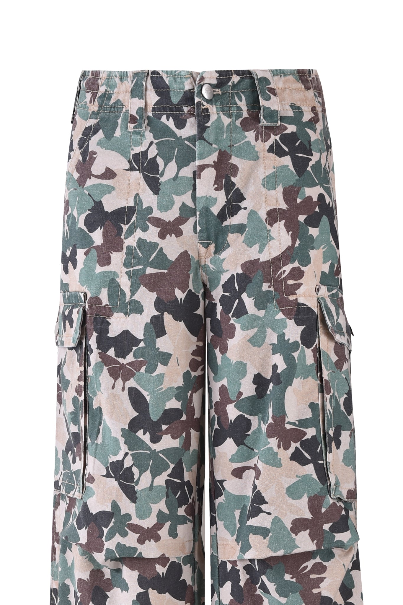 I.AM.GIA's EFFIE CARGO PANT - FLUTTER CAMO features a relaxed fit with side pockets and button closure. The pattern includes abstract leaf-like shapes in green, brown, and beige, delivering a utilitarian style.