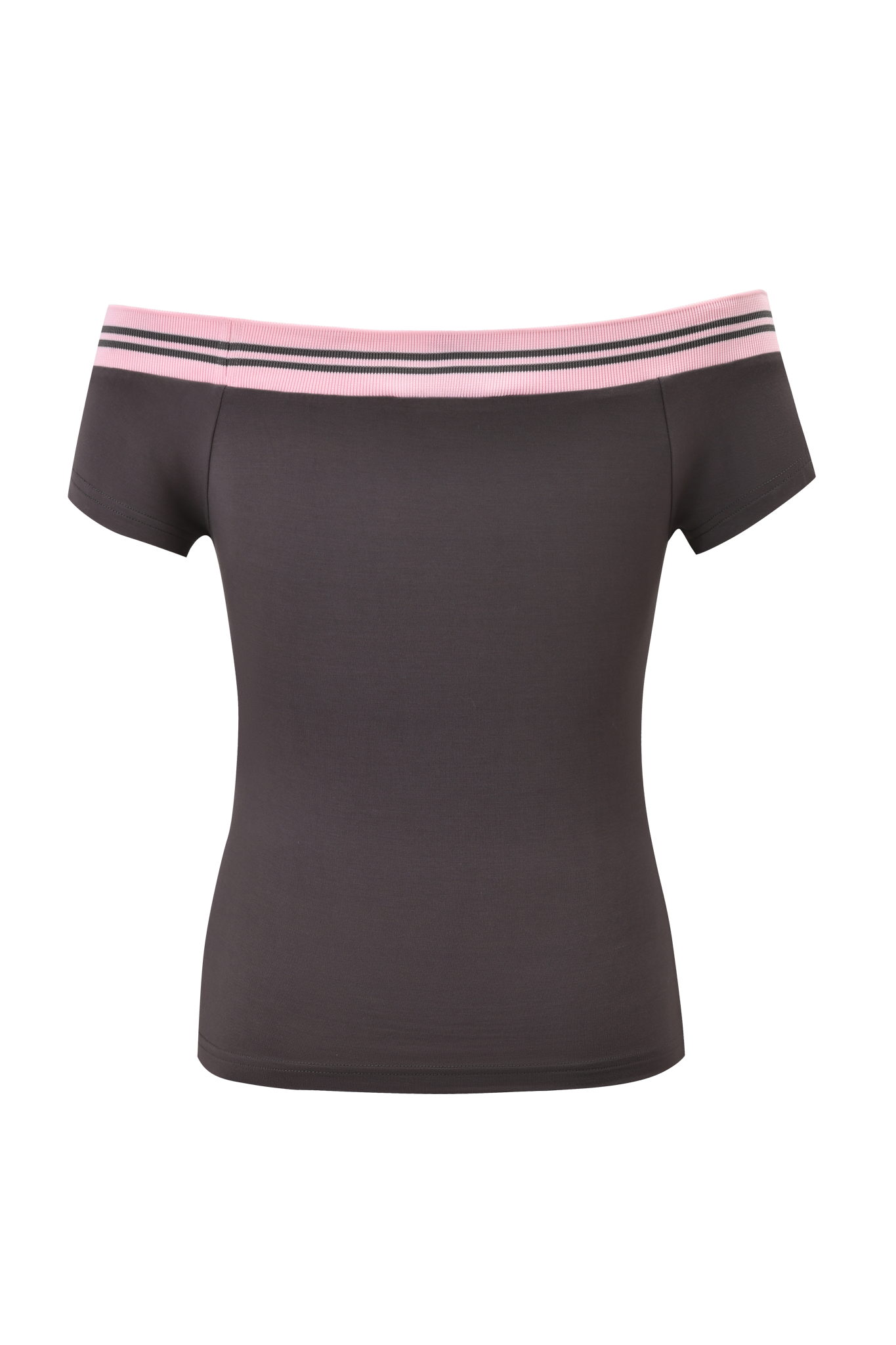 The ELLIS TOP - GREY by I.AM.GIA is a charcoal grey off-shoulder, short-sleeve top with a wide neckline and pink and white striped trim. Made from ultra-soft stretch bamboo for all-day comfort.