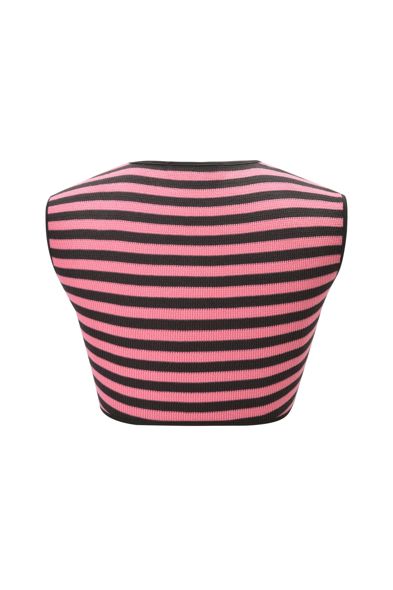 The RICA TOP by I.AM.GIA is a sleeveless, body-con crop tank in pink and grey horizontal stripes, shown from the back against a white background.