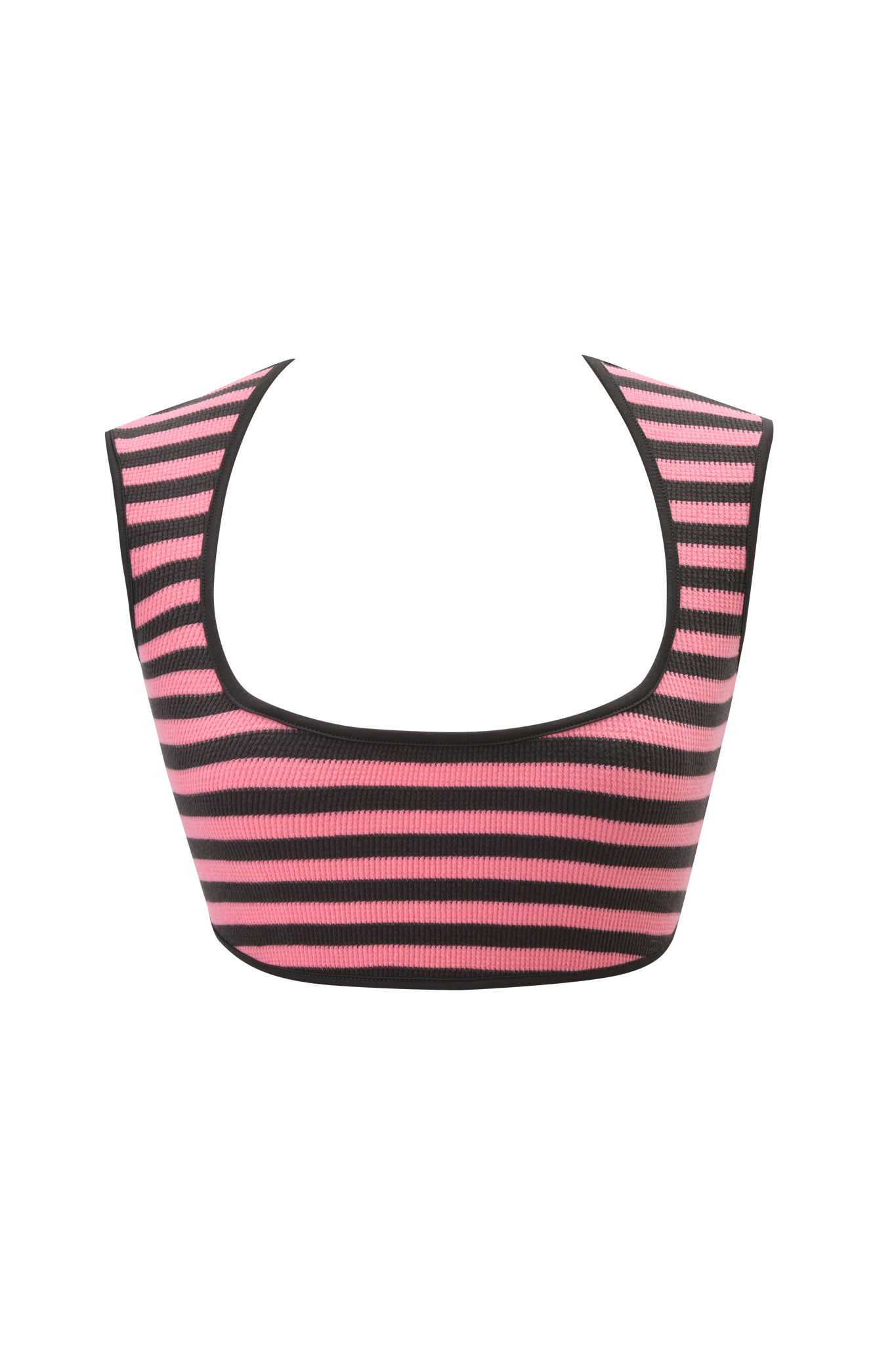 The I.AM.GIA RICA TOP - PINK AND GREY is a sleeveless, body-con crop tank with wide straps, grey and pink waffle knit stripes, and a scoop neckline, shown against a plain white background.