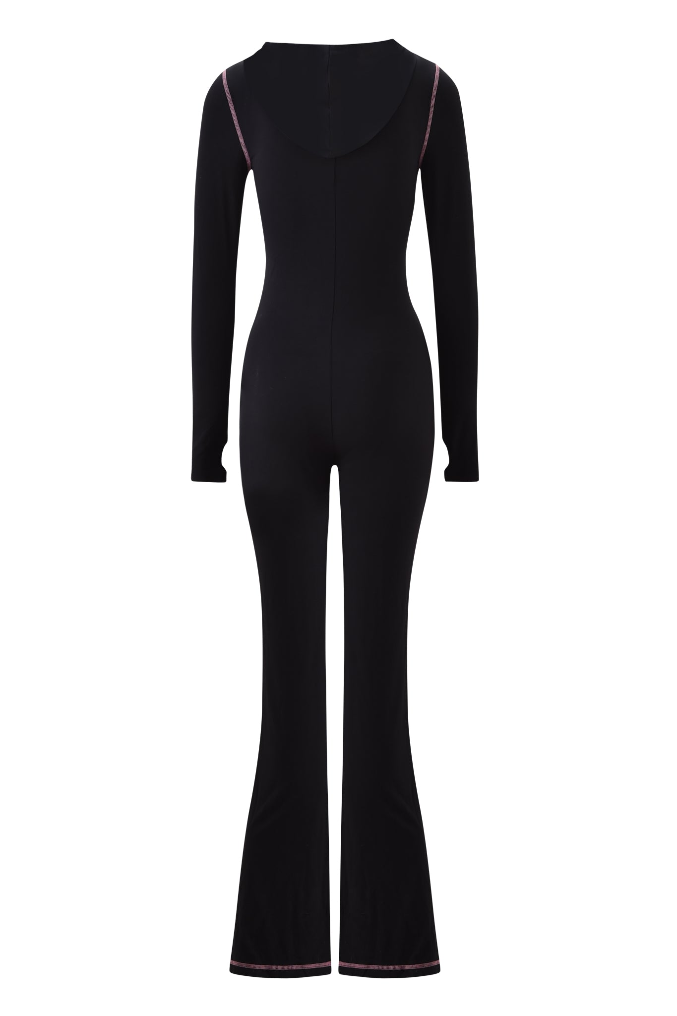 Back view of the I.AM.GIA BLARE JUMPSUIT - BLACK: a fitted, long-sleeve jumpsuit with flared legs, subtle pink seam stitching, a scooped back neckline, and stretchy fabric for a sleek look.