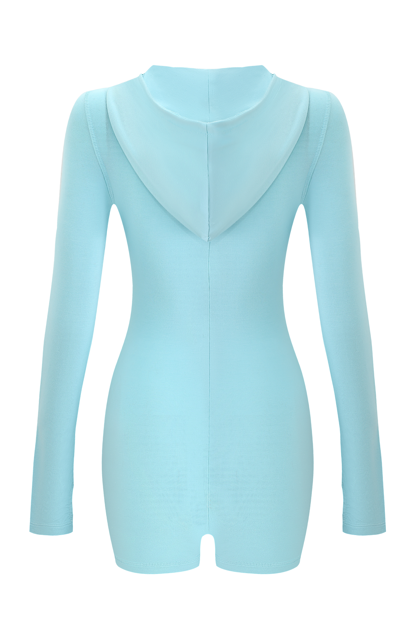 The BLARE ROMPER - AQUA by I.AM.GIA is a fitted, long-sleeve bodysuit romper with an attached hood, crafted from stretch bamboo jersey and shown from the back.