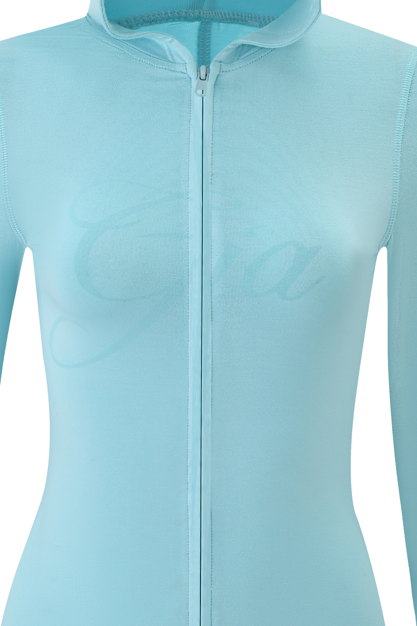 The image shows the I.AM.GIA BLARE ROMPER - AQUA, a light aqua blue zip-up romper made from soft, stretch bamboo jersey, with "Gia" in subtle cursive across the chest. The front view is shown from shoulders to hips.