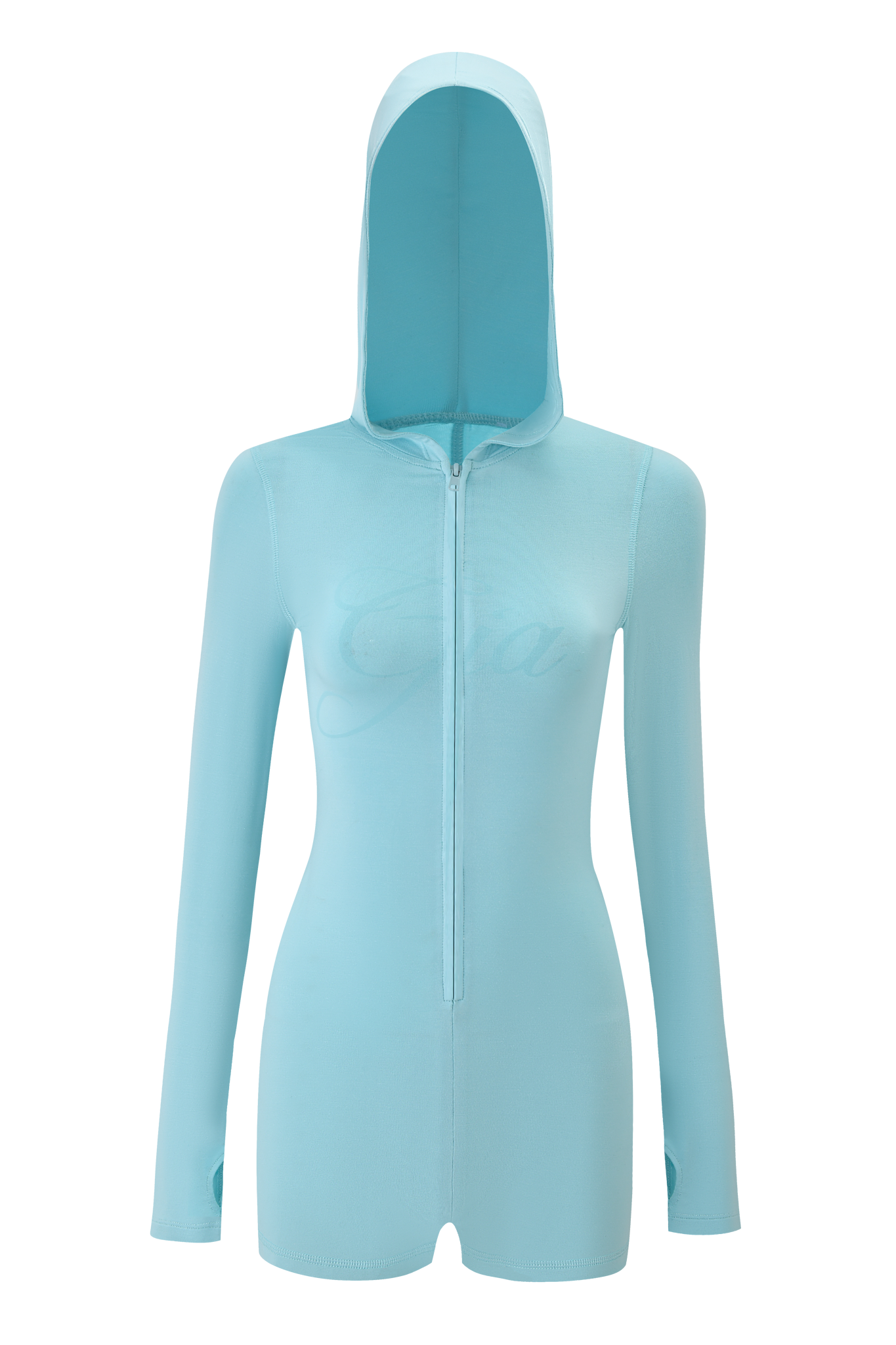 The I.AM.GIA BLARE ROMPER - AQUA, a light aqua blue hooded zip-up with long sleeves and subtle chest text in soft stretch bamboo jersey, is displayed on a mannequin.