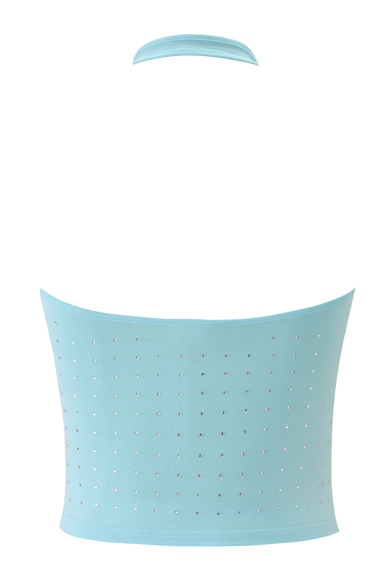 The BUBBLES TOP - AQUA by I.AM.GIA is a light blue strapless bandeau with a grid of small rhinestone embellishments on the front, shown against a plain white background.