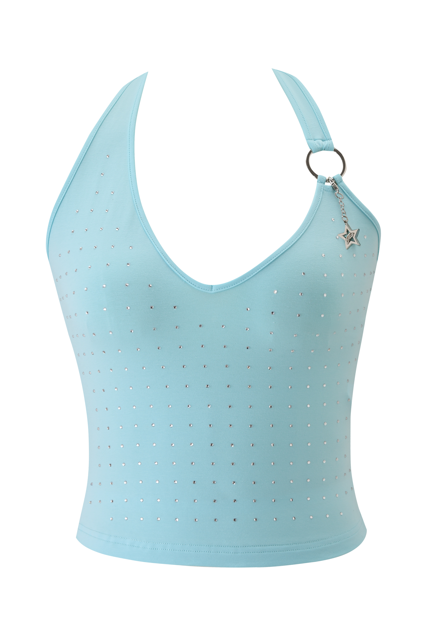The BUBBLES TOP - AQUA by I.AM.GIA is a halter top with aqua blue grid diamante rows, a V-neckline, and a silver o-ring detail featuring a dangling star charm on the left strap.